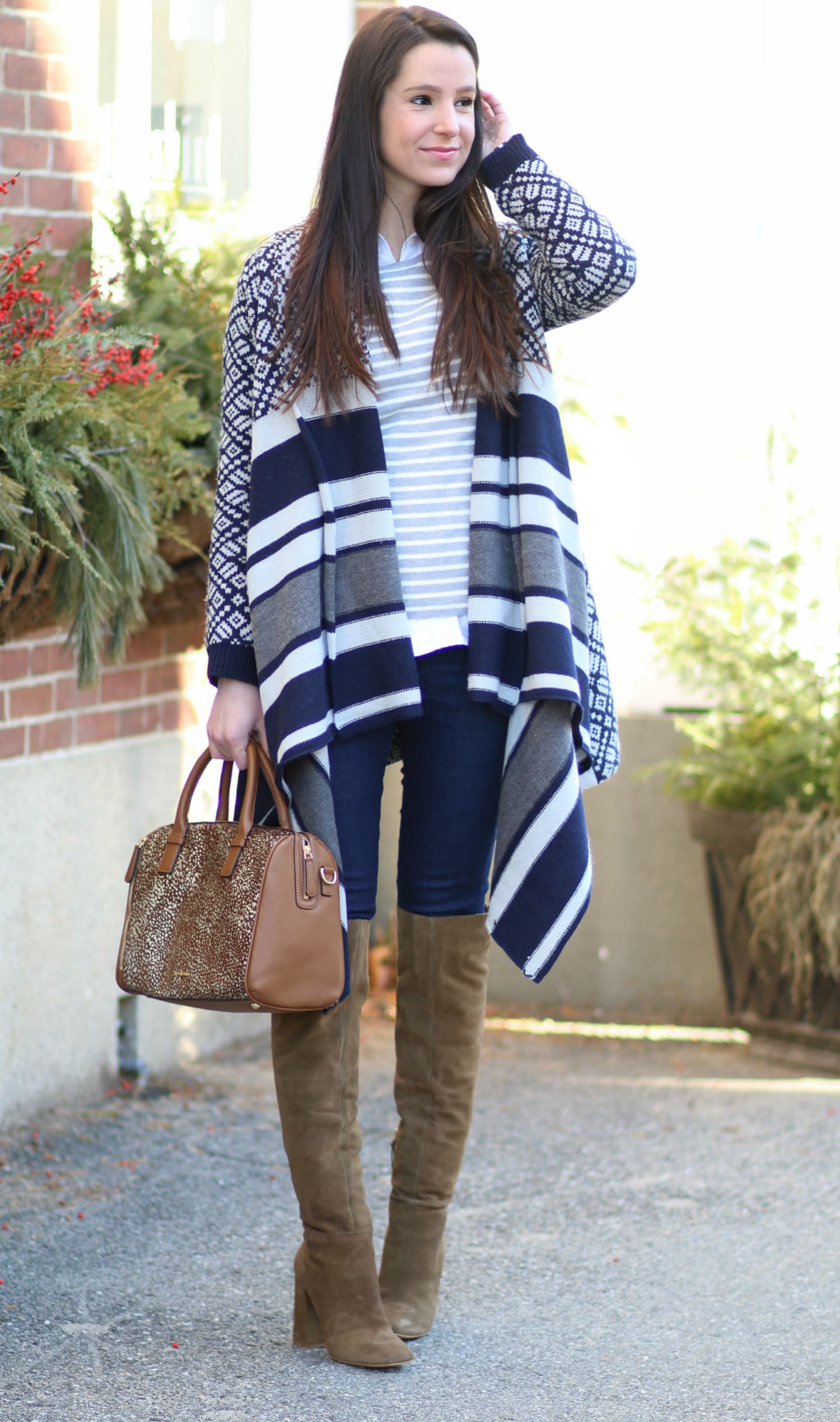Navy Jacquard Poncho and Cognac OTK Boots