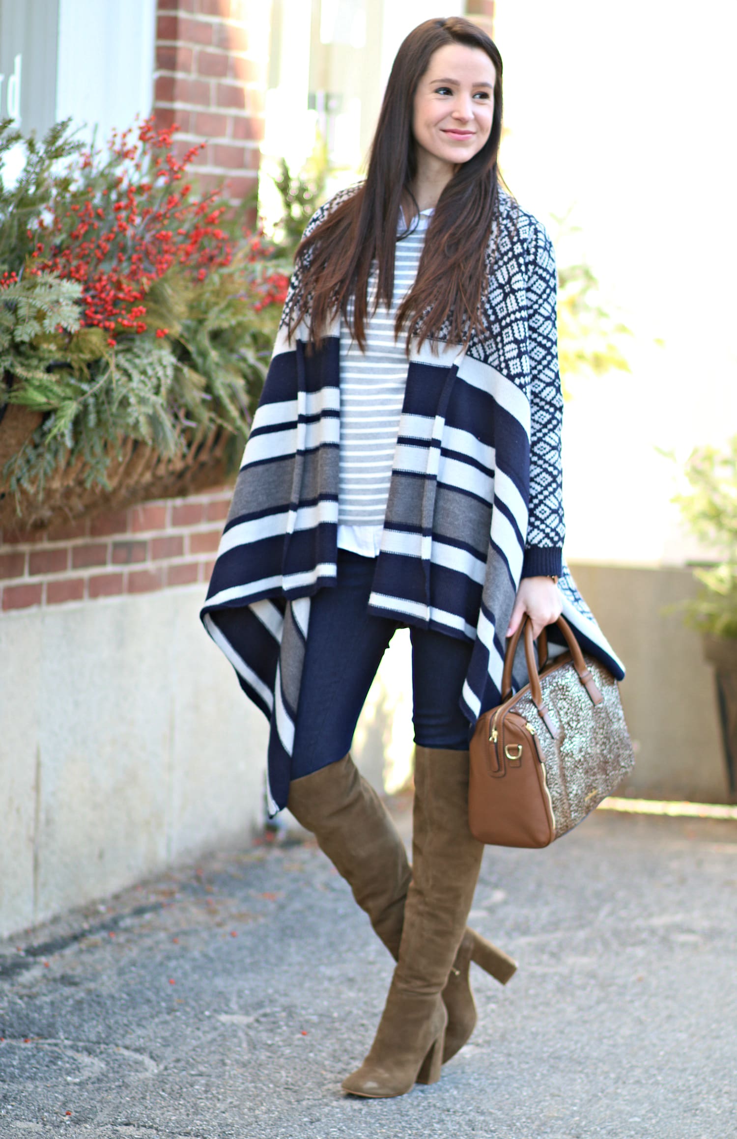Navy Jacquard Poncho and Cognac OTK Boots