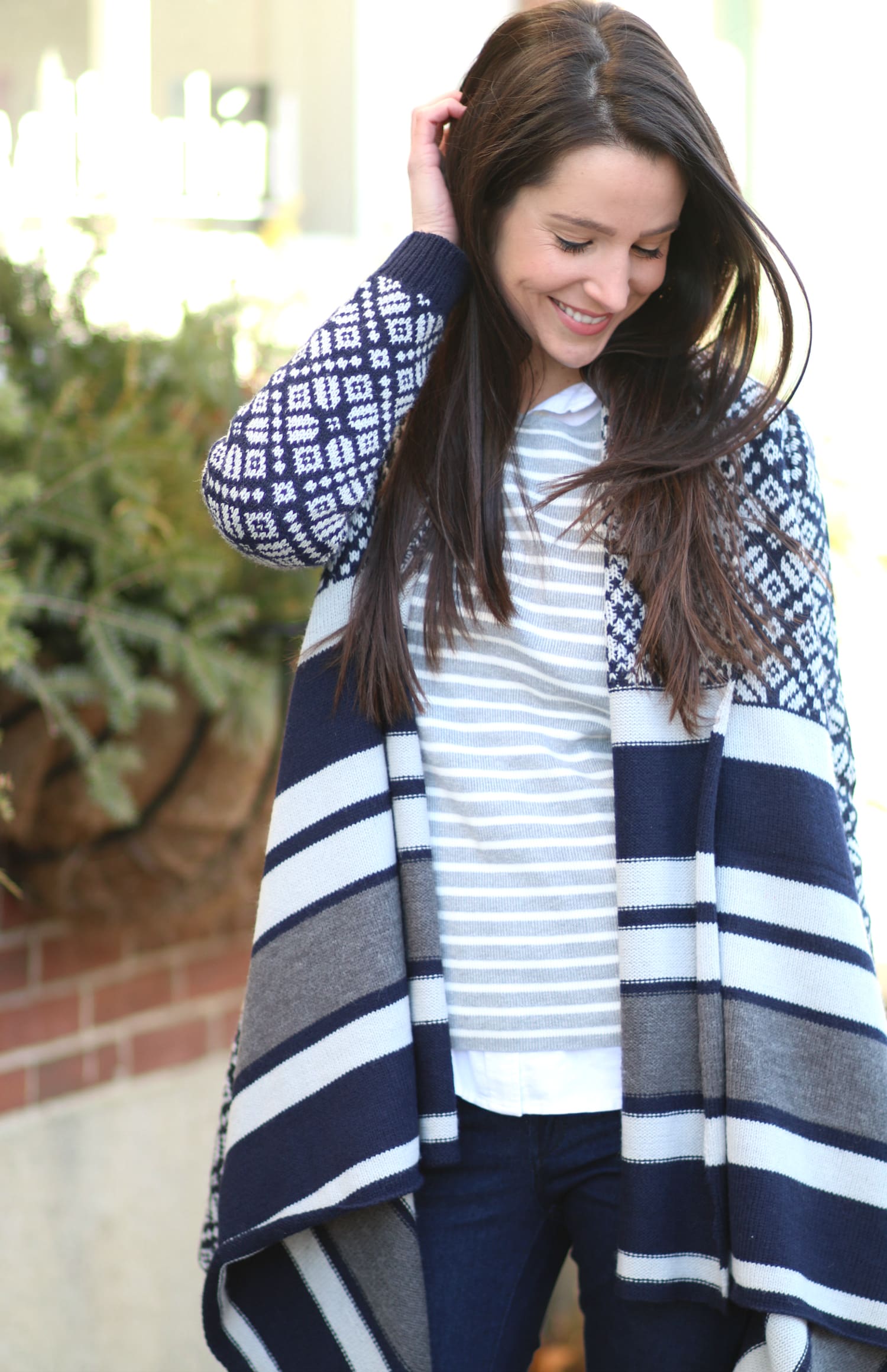 Navy Jacquard Poncho and Cognac OTK Boots