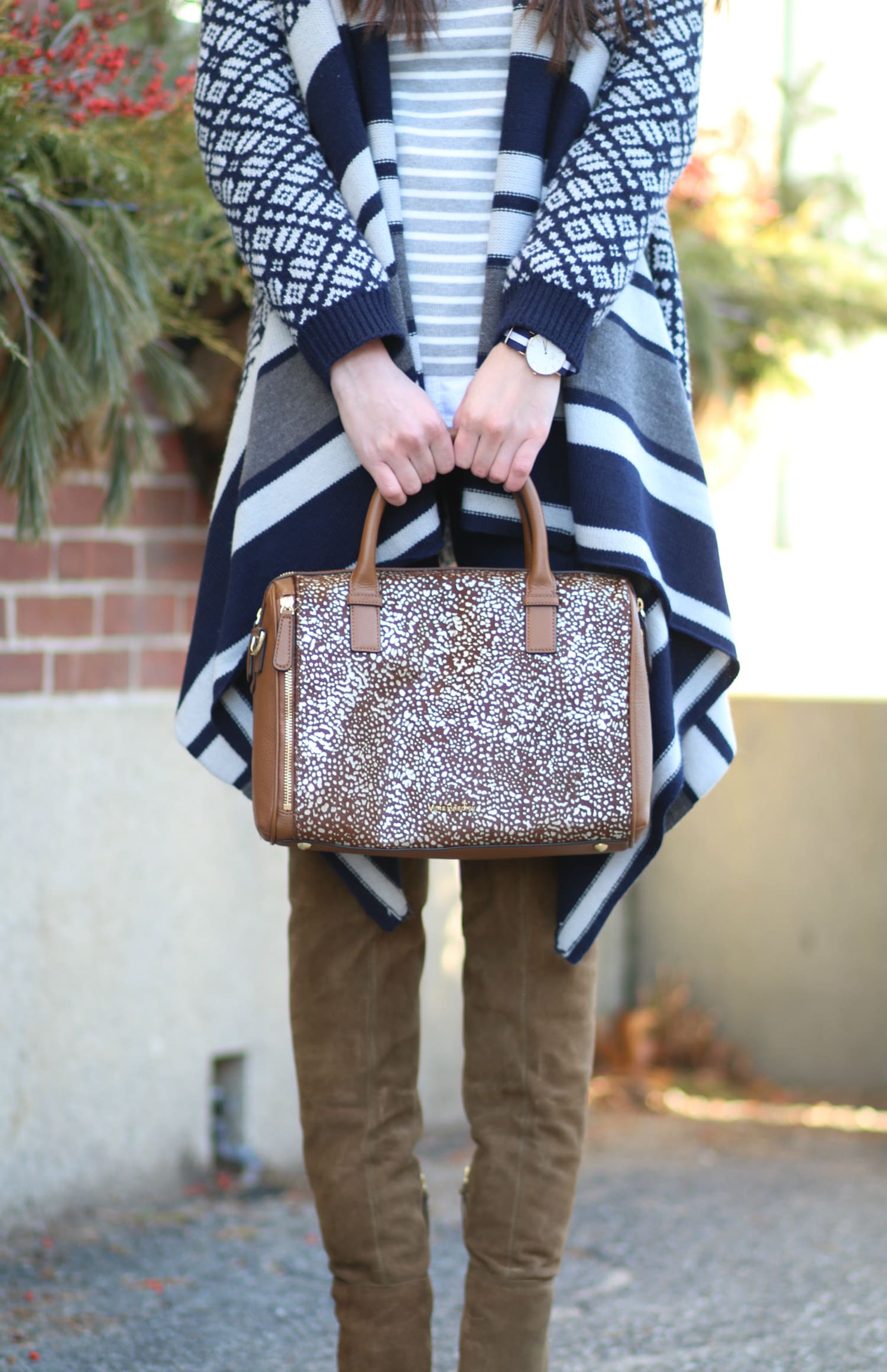 Navy Jacquard Poncho and Cognac OTK Boots