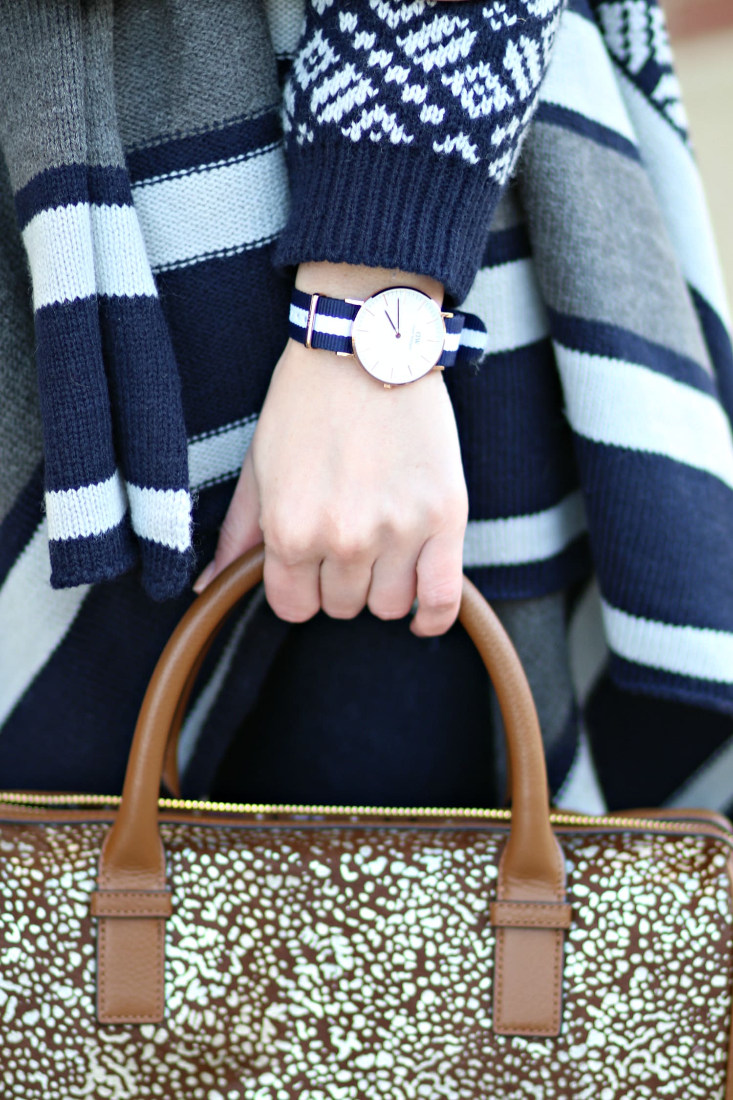 Navy Jacquard Poncho and Cognac OTK Boots