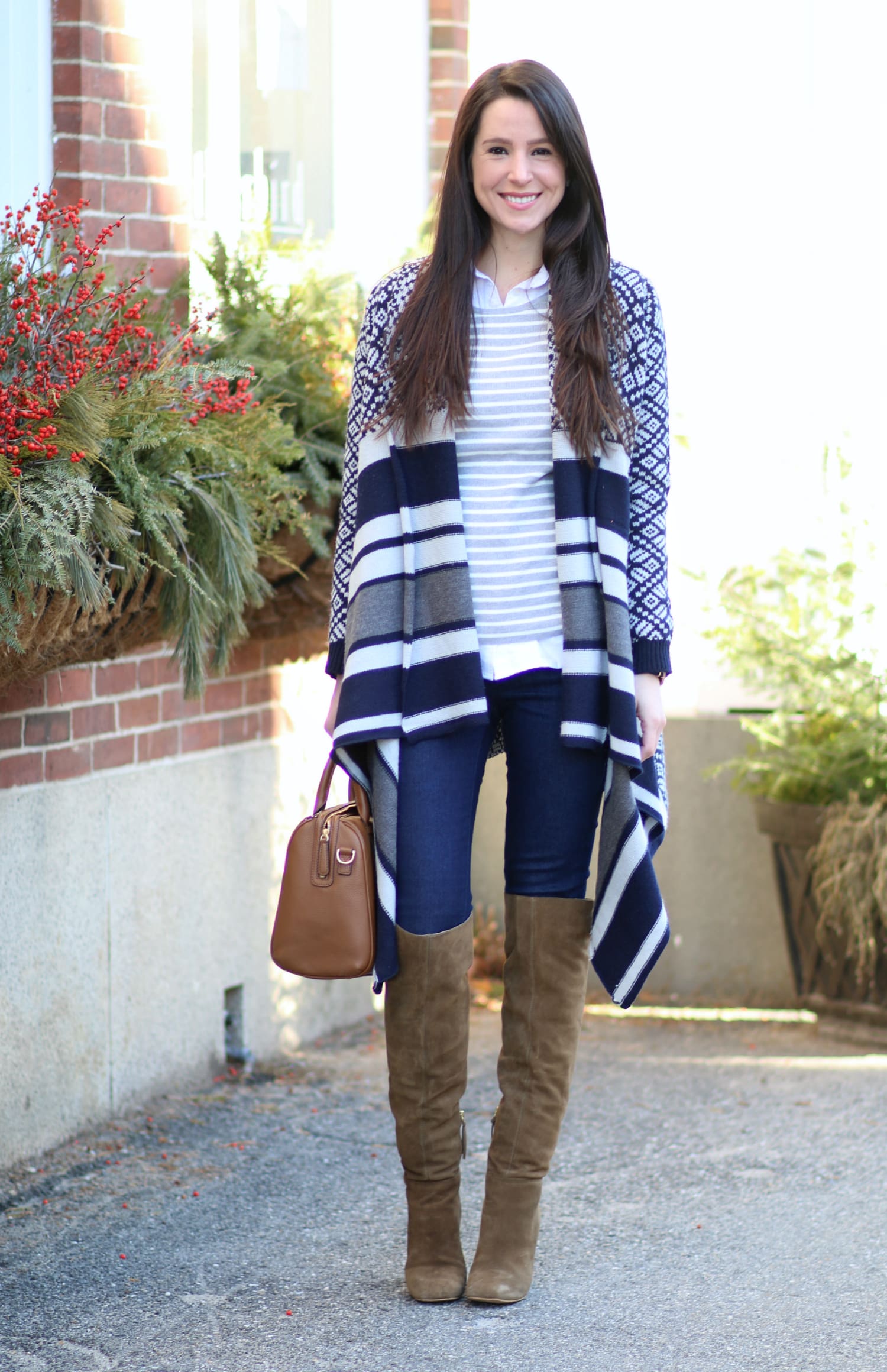Navy Jacquard Poncho and Cognac OTK Boots