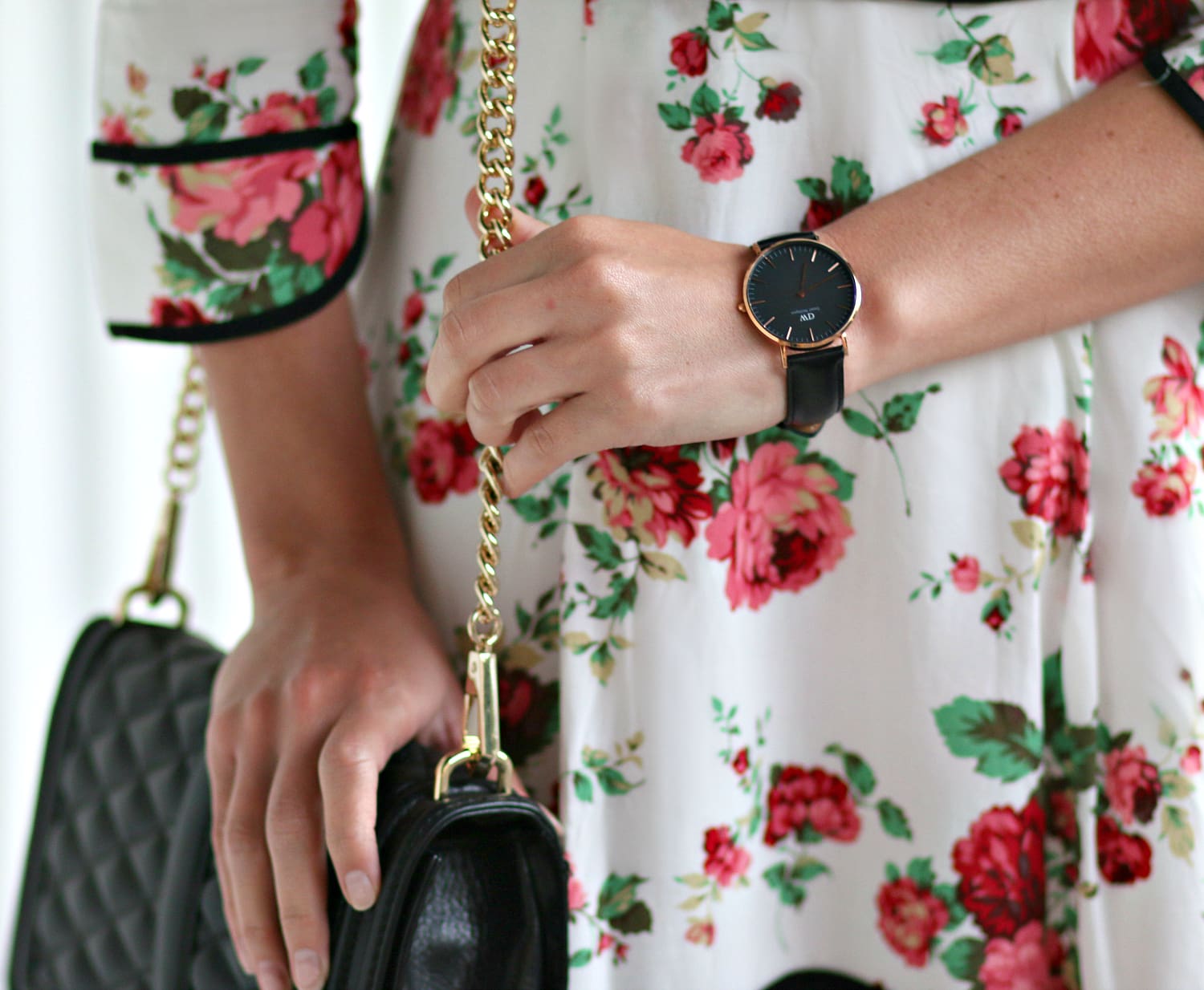 Belle inspired cocktail dress with floral rose print, chic neck tie detailing, and three quarter sleeves