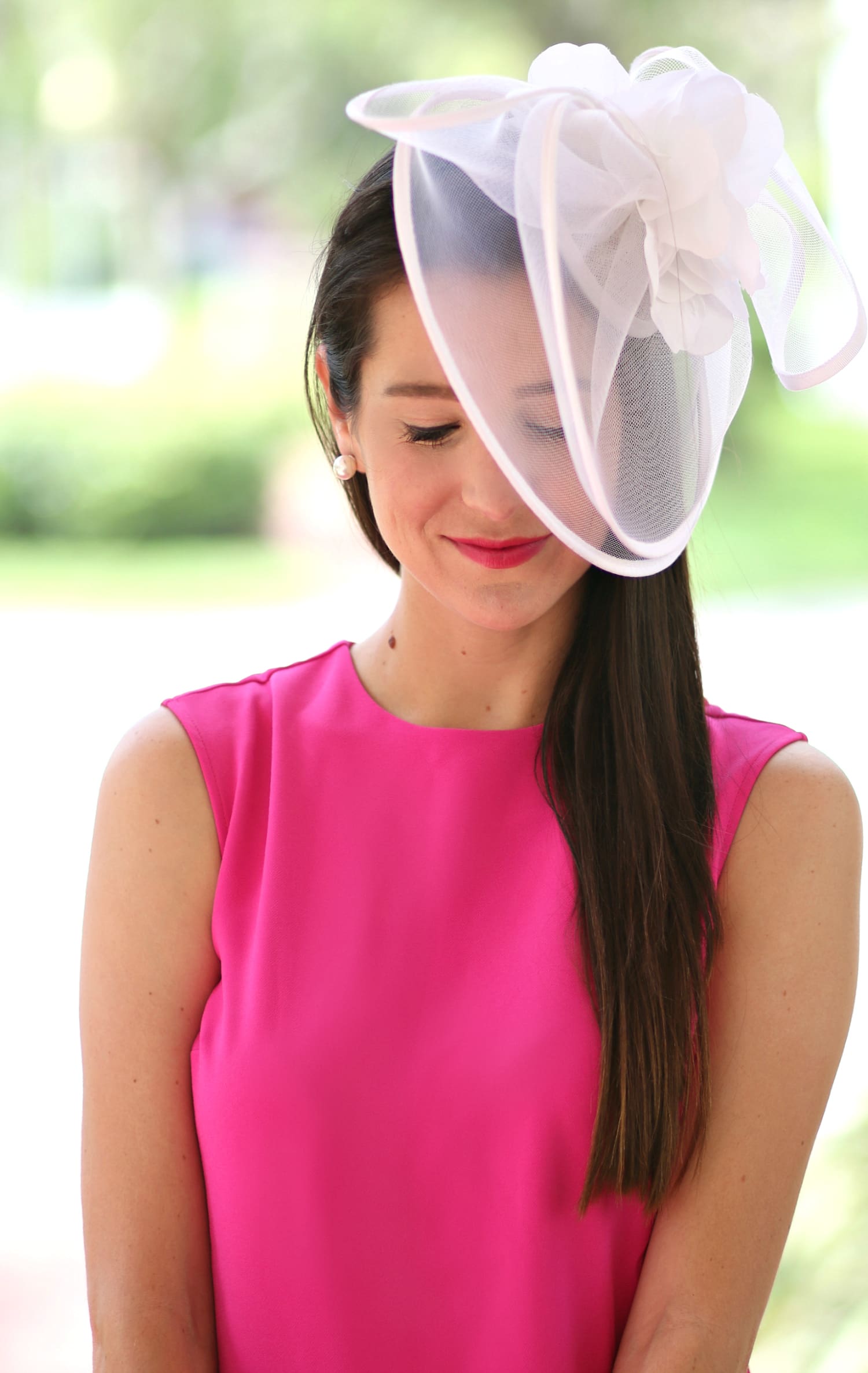 Absolutely darling fuchsia Kentucky Derby dress by Victoria Beckham for Target with a classic white fascinator from Etsy