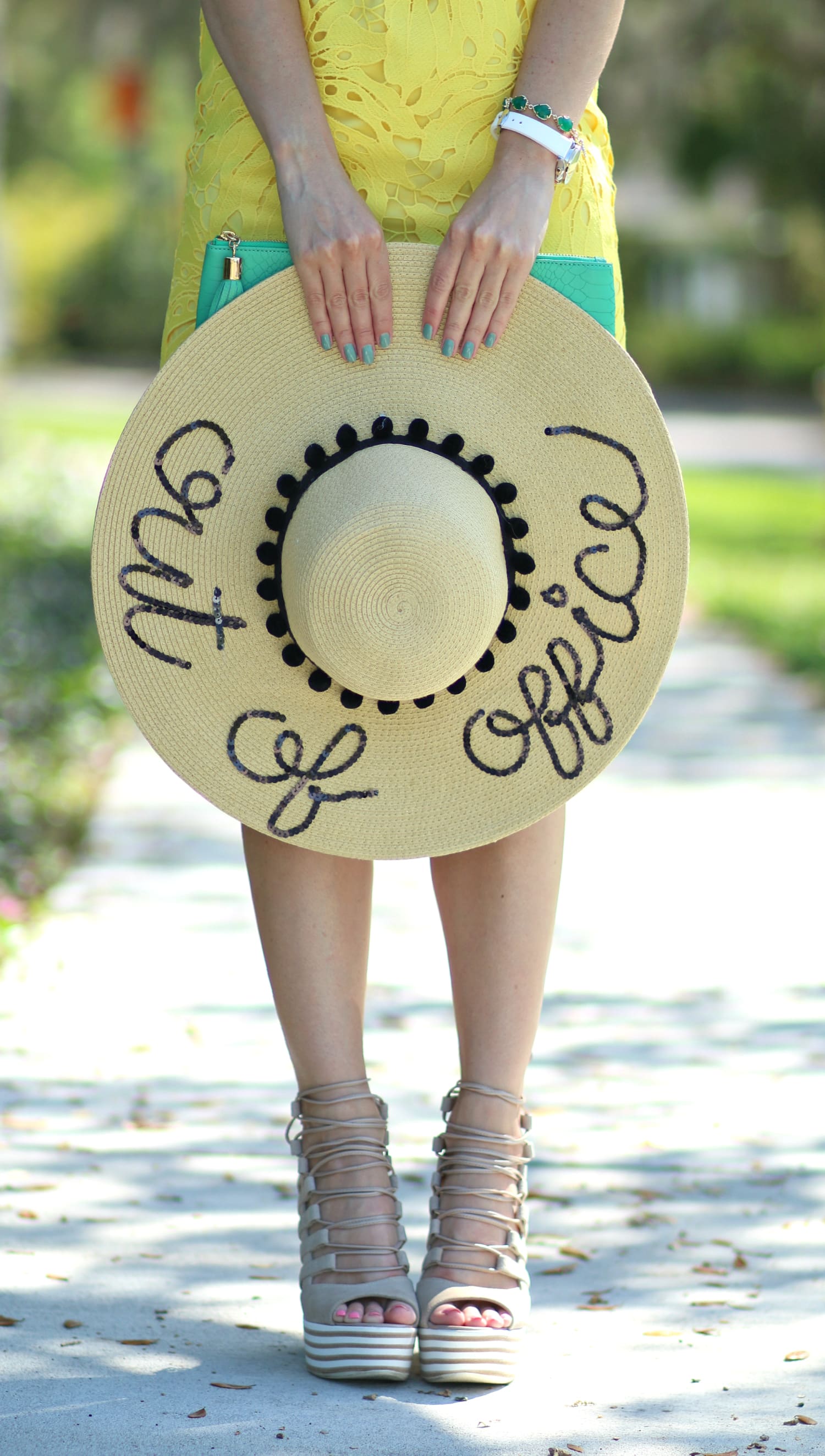 Bright yellow lace leaf pattern shift dress from Banana Republic and "Out of Office" floppy hat