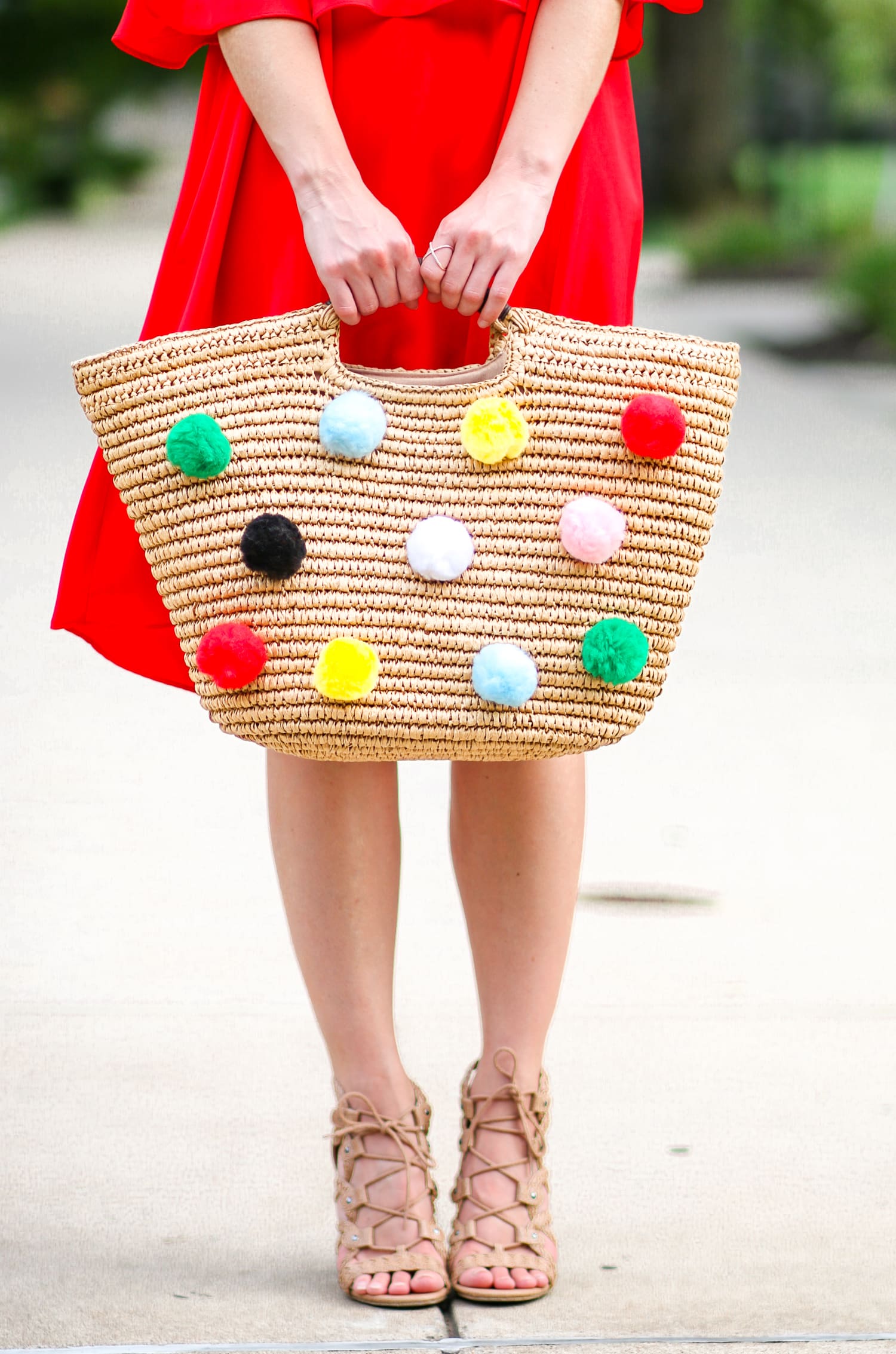 SheIn Red High Low Off the Shoulder Dress and DIY Pom Pom Tote Tutorial