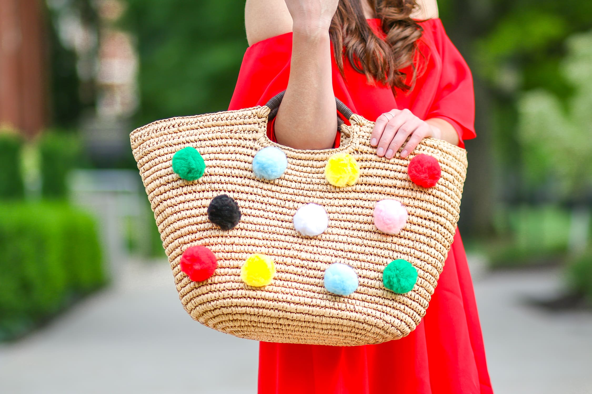 SheIn Red High Low Off the Shoulder Dress and DIY Pom Pom Tote Tutorial