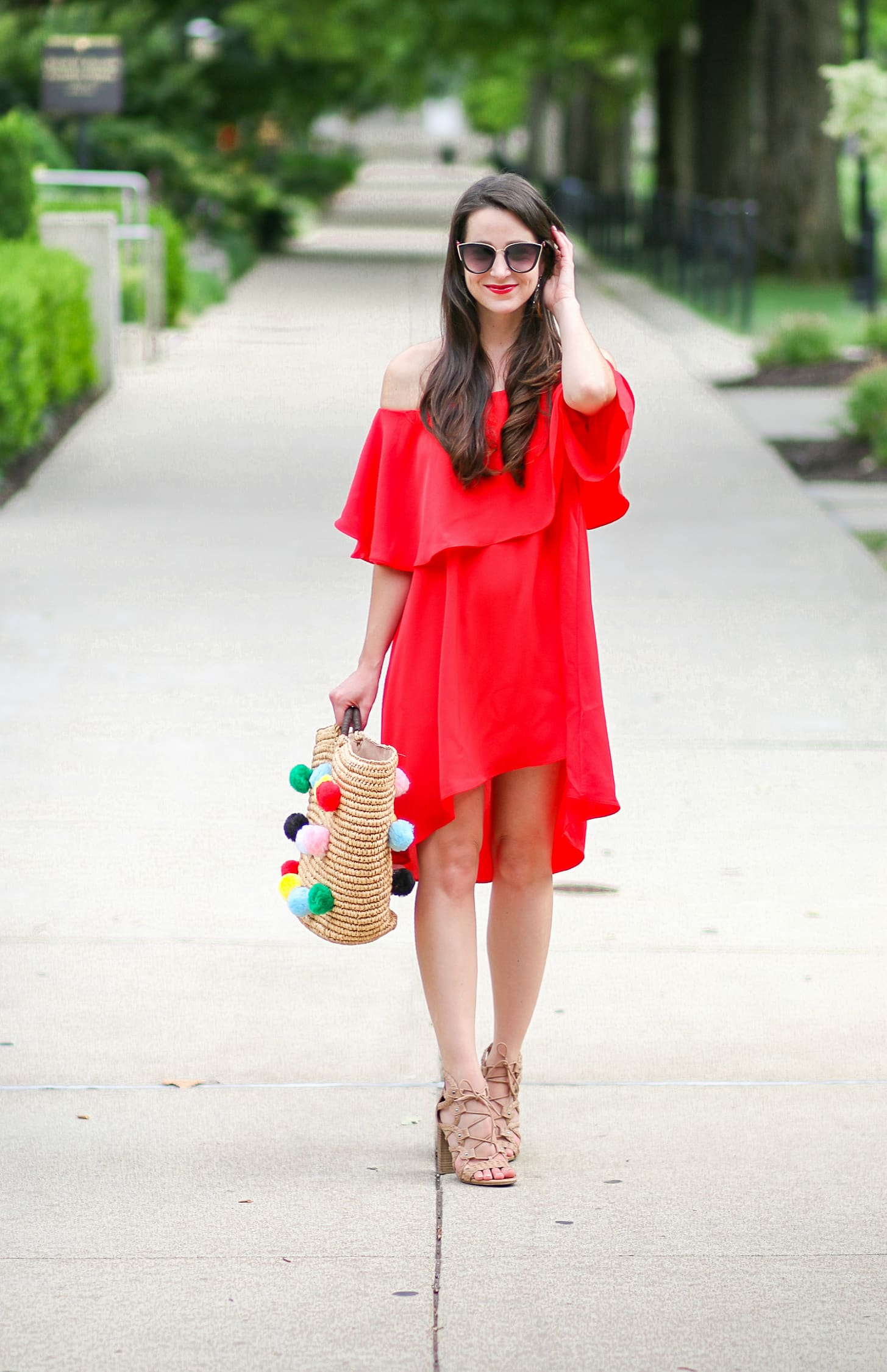 SheIn Red High Low Off the Shoulder Dress and DIY Pom Pom Tote Tutorial