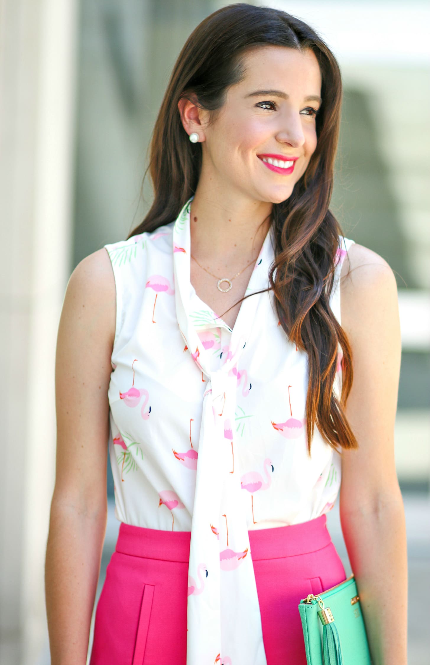 Goodnight Macaroon flamingo blouse, C.Wonder hot pink mini skirt, and nude patent leather heels plus a round-up of 29 fun flamingo gift ideas for summer lovers