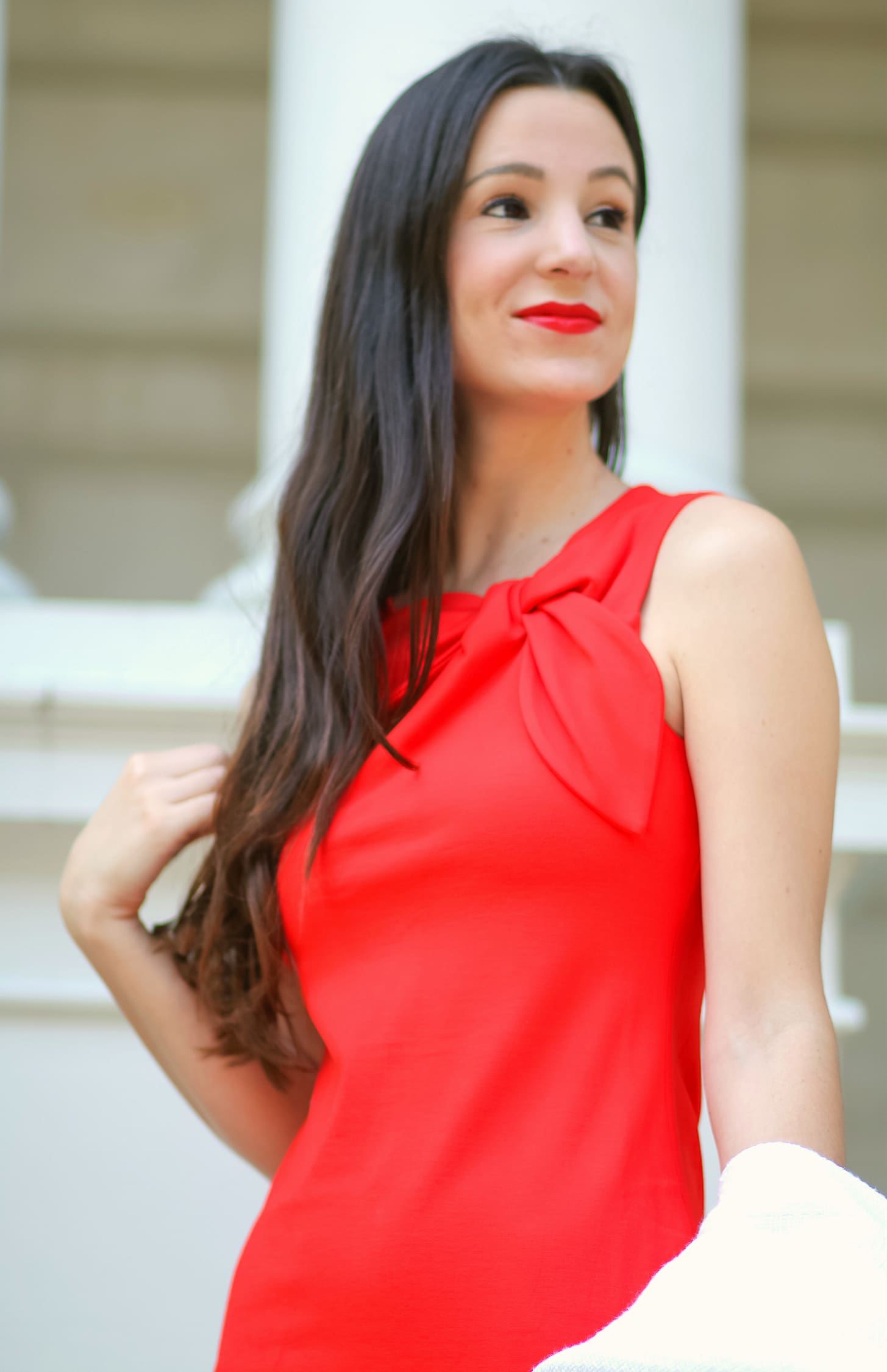Red Jackie O sheath dress and white tweed jacket | Dressy casual Labor Day outfit idea by fashion blogger Stephanie Ziajka from Diary of a Debutante