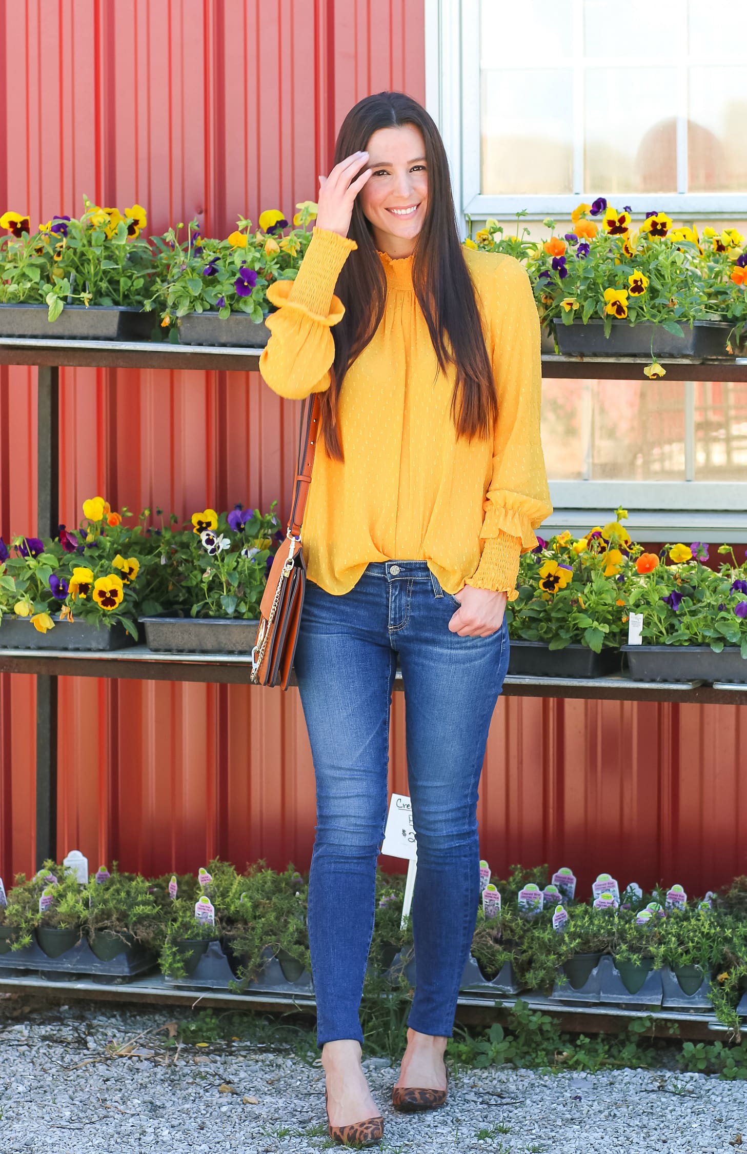 English Factory marigold swiss dot blouse with victorian collar, AG The Legging raw hem ankle skinny jeans, leopard flats, and brown Chloe Faye dupe bag | How to wear a victorian collar casually for fall by fashion blogger Stephanie Ziajka from Diary of a Debutante