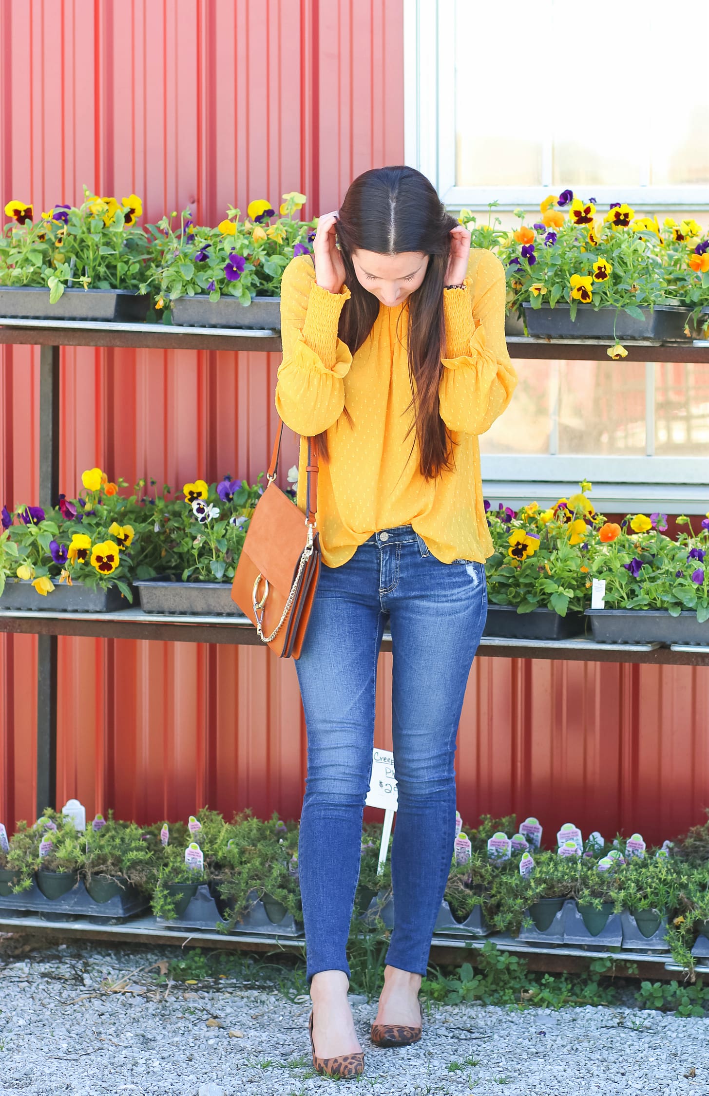 English Factory marigold swiss dot blouse with victorian collar, AG The Legging raw hem ankle skinny jeans, leopard flats, and brown Chloe Faye dupe bag | How to wear a victorian collar casually for fall by fashion blogger Stephanie Ziajka from Diary of a Debutante