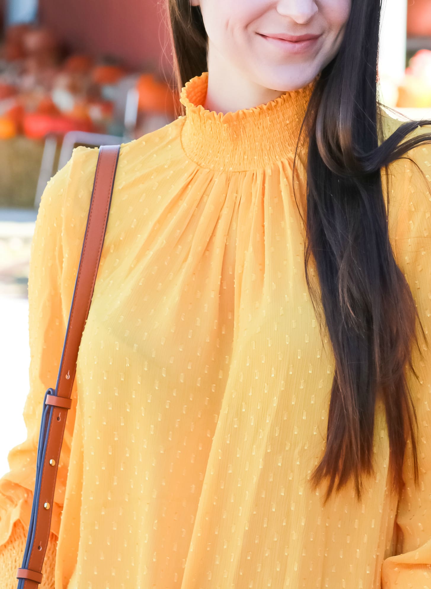 English Factory marigold swiss dot blouse with victorian collar, AG The Legging raw hem ankle skinny jeans, leopard flats, and brown Chloe Faye dupe bag | How to wear a victorian collar casually for fall by fashion blogger Stephanie Ziajka from Diary of a Debutante