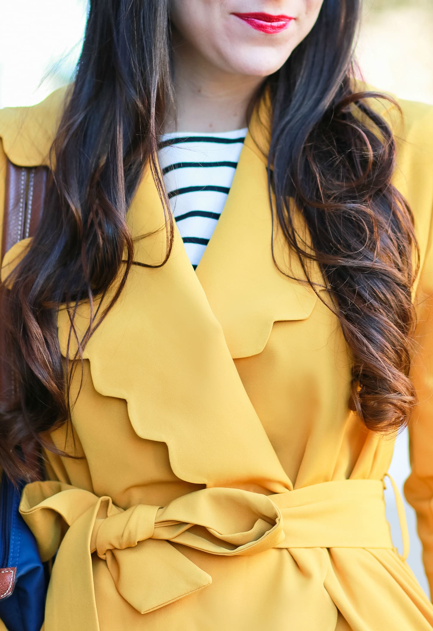Marigold scalloped coat with AG skinny jeans, English Factory striped top, Nine West brown tall boots, and large navy Longchamp tote | Color Crush: Marigold Scalloped Coat by fashion blogger Stephanie Ziajka from Diary of a Debutante