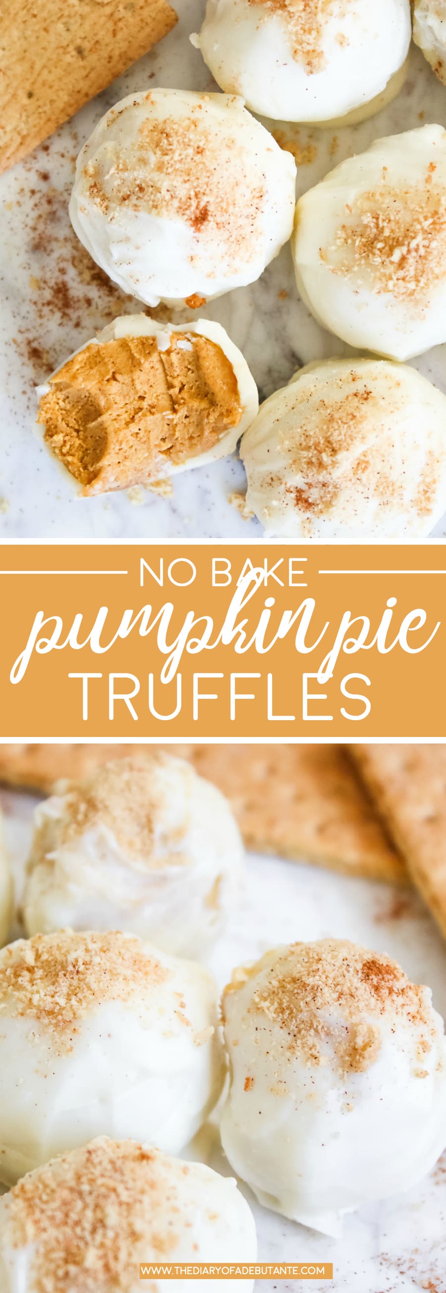 Easy no bake pumpkin dessert-- delicious bite-sized pumpkin pie truffles | No bake fall dessert | No bake Thanksgiving dessert | Pumpkin Pie Truffles by southern blogger Stephanie Ziajka from Diary of a Debutante