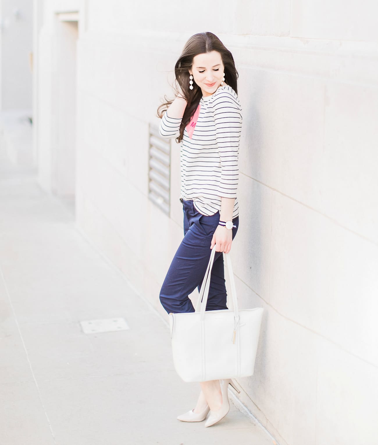 How to enjoy Valentine's Day as a single gal by fashion blogger Stephanie Ziajka from Diary of a Debutante, what to do on Valentine's Day when you are single, how to spend Valentine's Day alone | Talbots striped Be Mine heart tee with navy Lilly Pulitzer capri pants, Vera Bradley white peony Mallory Tote, Sugarfix by Baublebar white triad ball drop earrings, navy striped Daniel Wellington watch, and Sam Edelman nude patent leather pumps