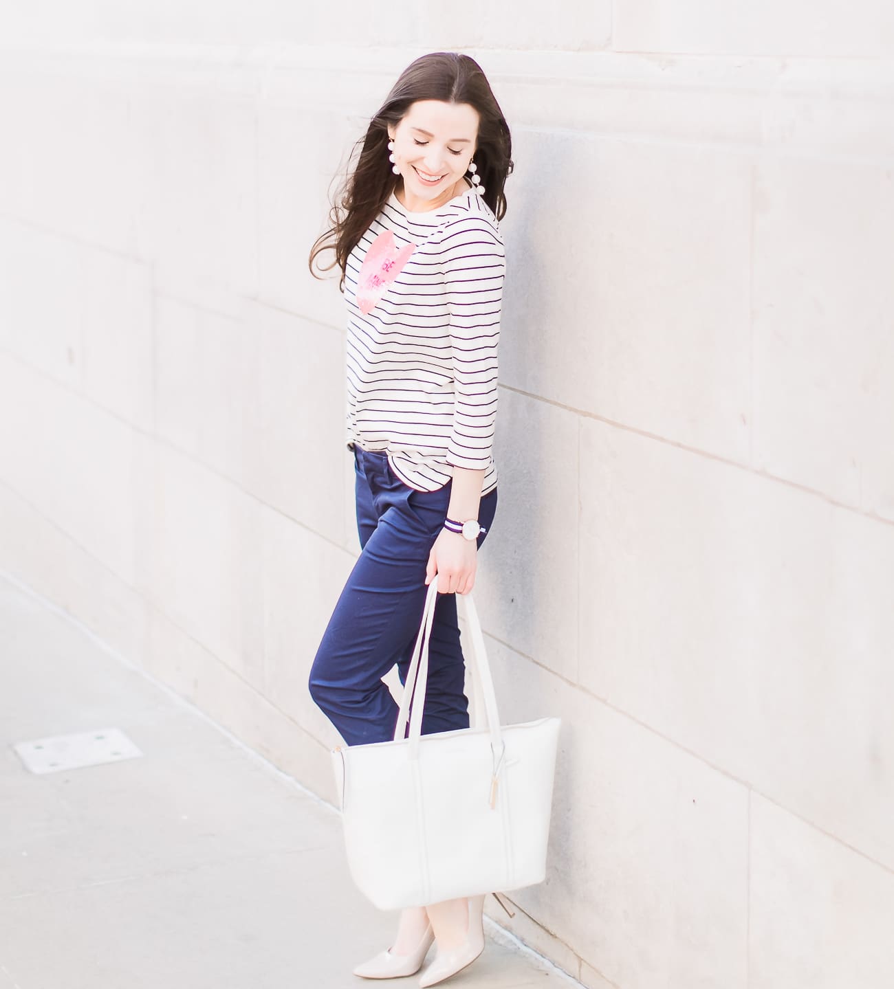 How to enjoy Valentine's Day as a single gal by fashion blogger Stephanie Ziajka from Diary of a Debutante, what to do on Valentine's Day when you are single, how to spend Valentine's Day alone | Talbots striped Be Mine heart tee with navy Lilly Pulitzer capri pants, Vera Bradley white peony Mallory Tote, Sugarfix by Baublebar white triad ball drop earrings, navy striped Daniel Wellington watch, and Sam Edelman nude patent leather pumps