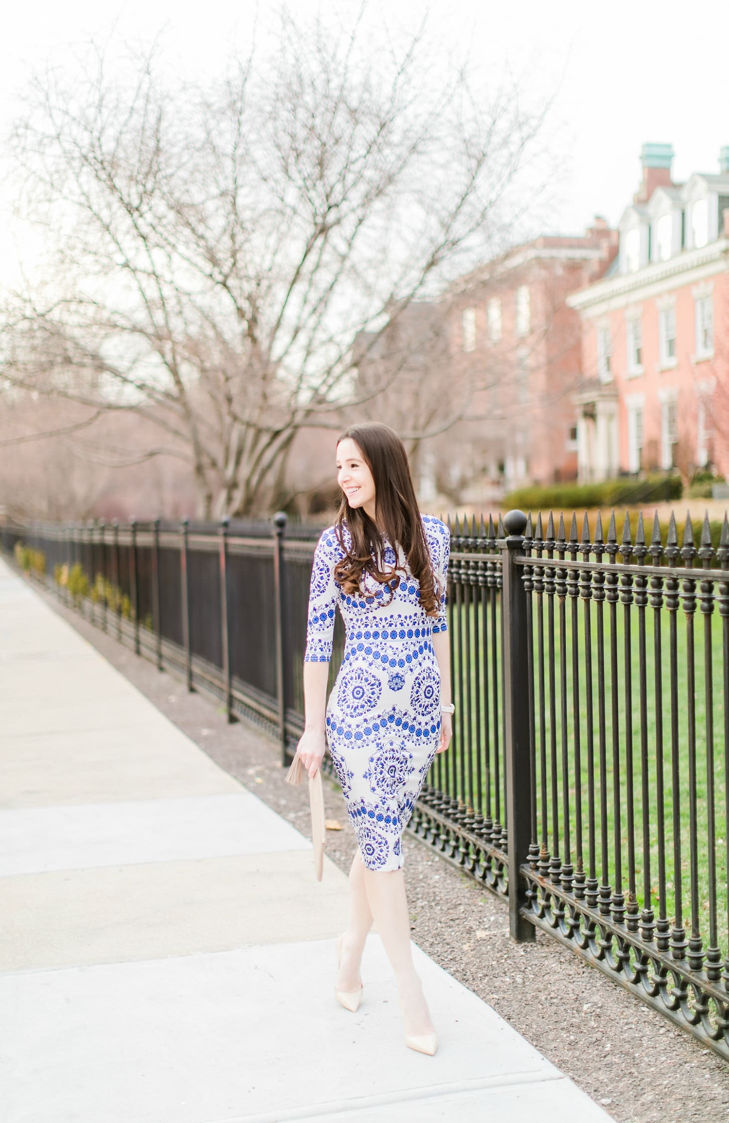 Dress Like Kate Middleton: An Affordable Taj Mahal Dress Replica for Your Spring Wardrobe by southern fashion blogger Stephanie Ziajka from Diary of a Debutante, Affordable Kate Middleton Taj Mahal Dress Replica, Naeem Khan Taj Mahal dress, Shein porcelain print pencil dress with M. Gemi The Cammeo tan patent leather pumps and a stone GiGi New York Uber clutch