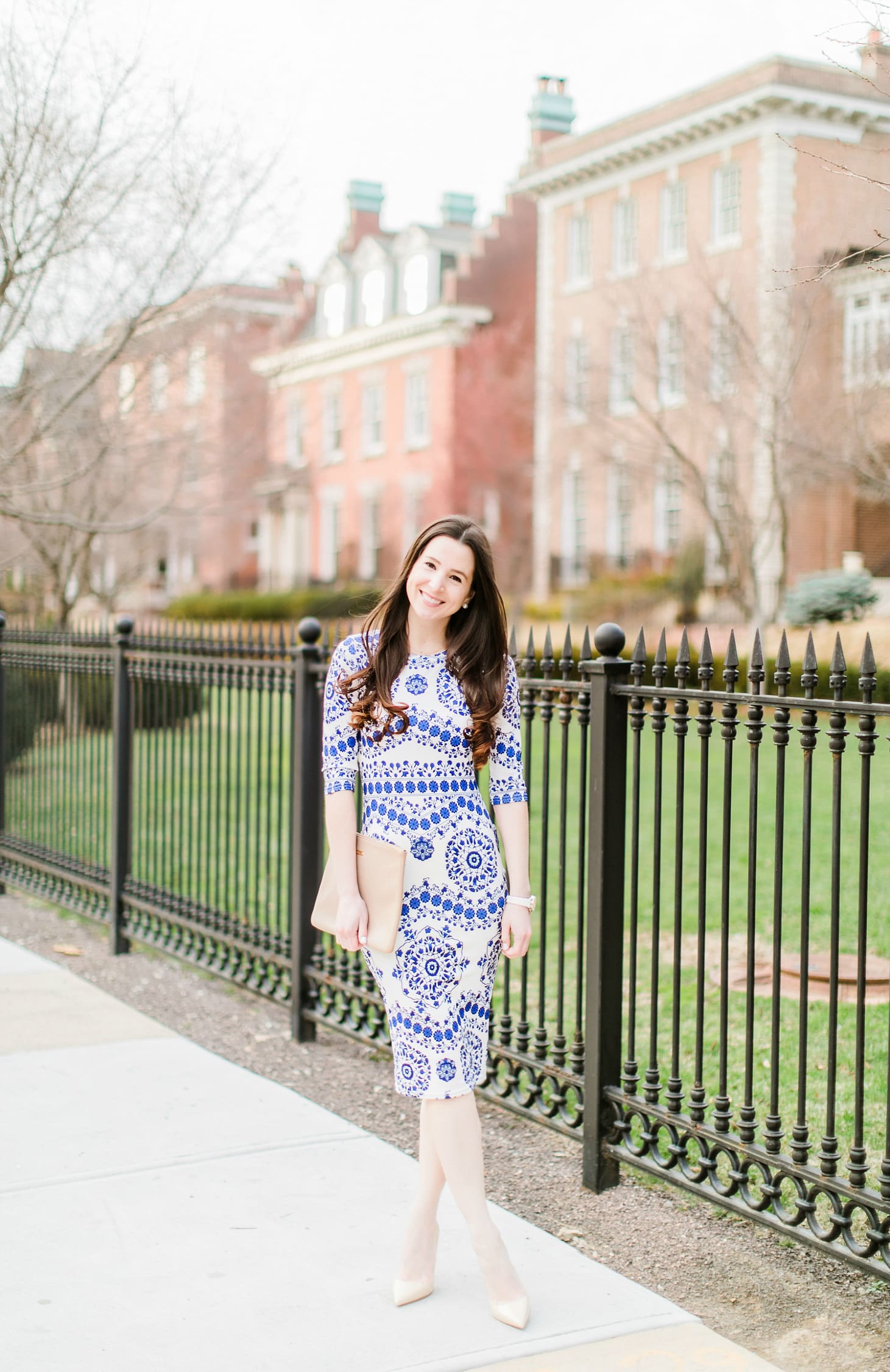 Dress Like Kate Middleton: An Affordable Taj Mahal Dress Replica for Your Spring Wardrobe by southern fashion blogger Stephanie Ziajka from Diary of a Debutante, Affordable Kate Middleton Taj Mahal Dress Replica, Naeem Khan Taj Mahal dress, Shein porcelain print pencil dress with M. Gemi The Cammeo tan patent leather pumps and a stone GiGi New York Uber clutch