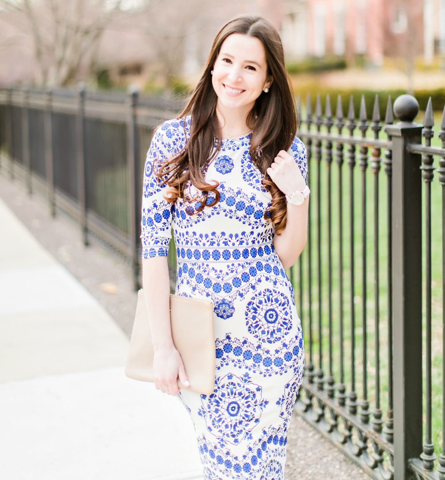 Dress Like Kate Middleton: An Affordable Taj Mahal Dress Replica for Your Spring Wardrobe by southern fashion blogger Stephanie Ziajka from Diary of a Debutante, Affordable Kate Middleton Taj Mahal Dress Replica, Naeem Khan Taj Mahal dress, Shein porcelain print pencil dress with M. Gemi The Cammeo tan patent leather pumps and a stone GiGi New York Uber clutch