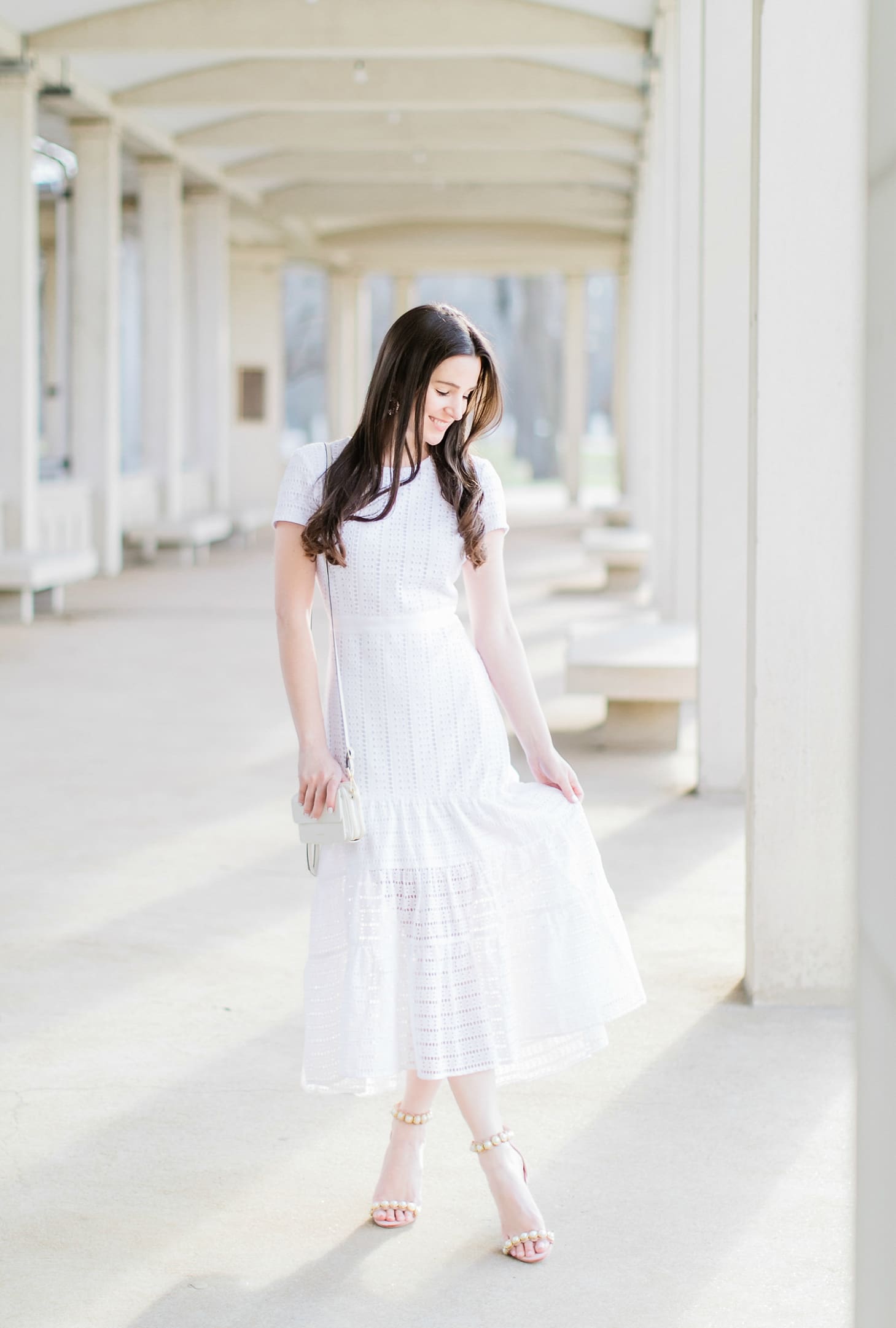 Easter Brunch Outfit Idea: Banana Republic White Eyelet Midi Dress by southern fashion blogger Stephanie Ziajka from Diary of a Debutante, how to wear a midi dress, how to style a midi dress, white Vera Bradley RFID Crossbody bag