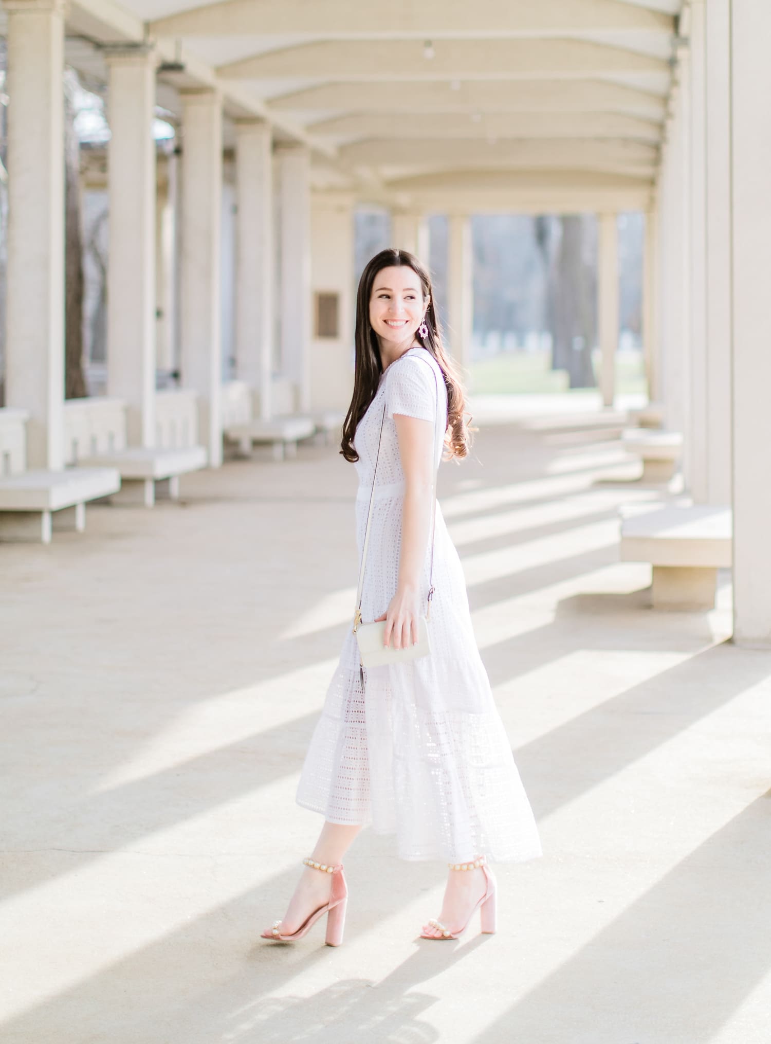 Easter Brunch Outfit Idea: Banana Republic White Eyelet Midi Dress by southern fashion blogger Stephanie Ziajka from Diary of a Debutante, how to wear a midi dress, how to style a midi dress, white Vera Bradley RFID Crossbody bag