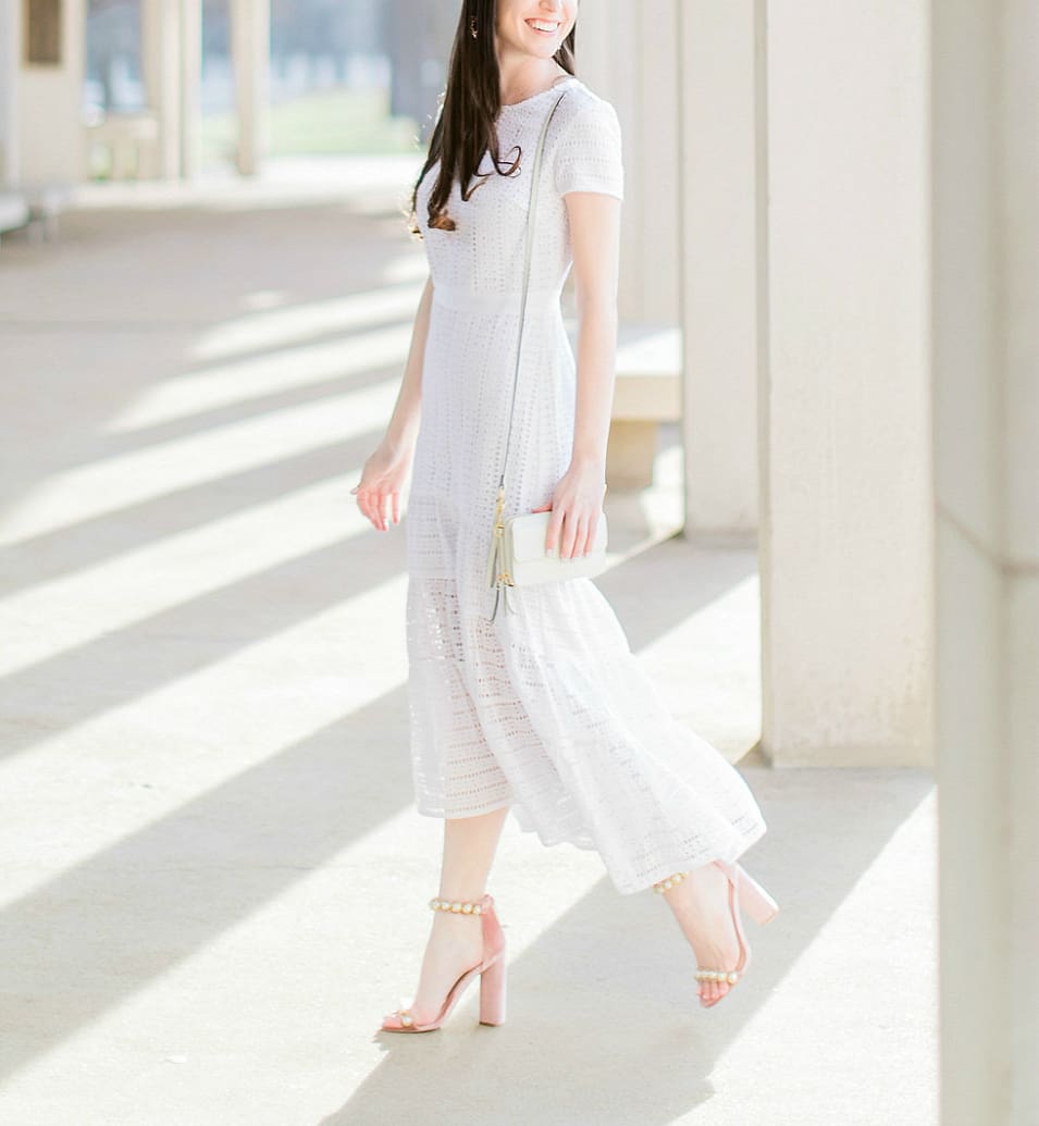 Easter Brunch Outfit Idea: Banana Republic White Eyelet Midi Dress by southern fashion blogger Stephanie Ziajka from Diary of a Debutante, how to wear a midi dress, how to style a midi dress, white Vera Bradley RFID Crossbody bag