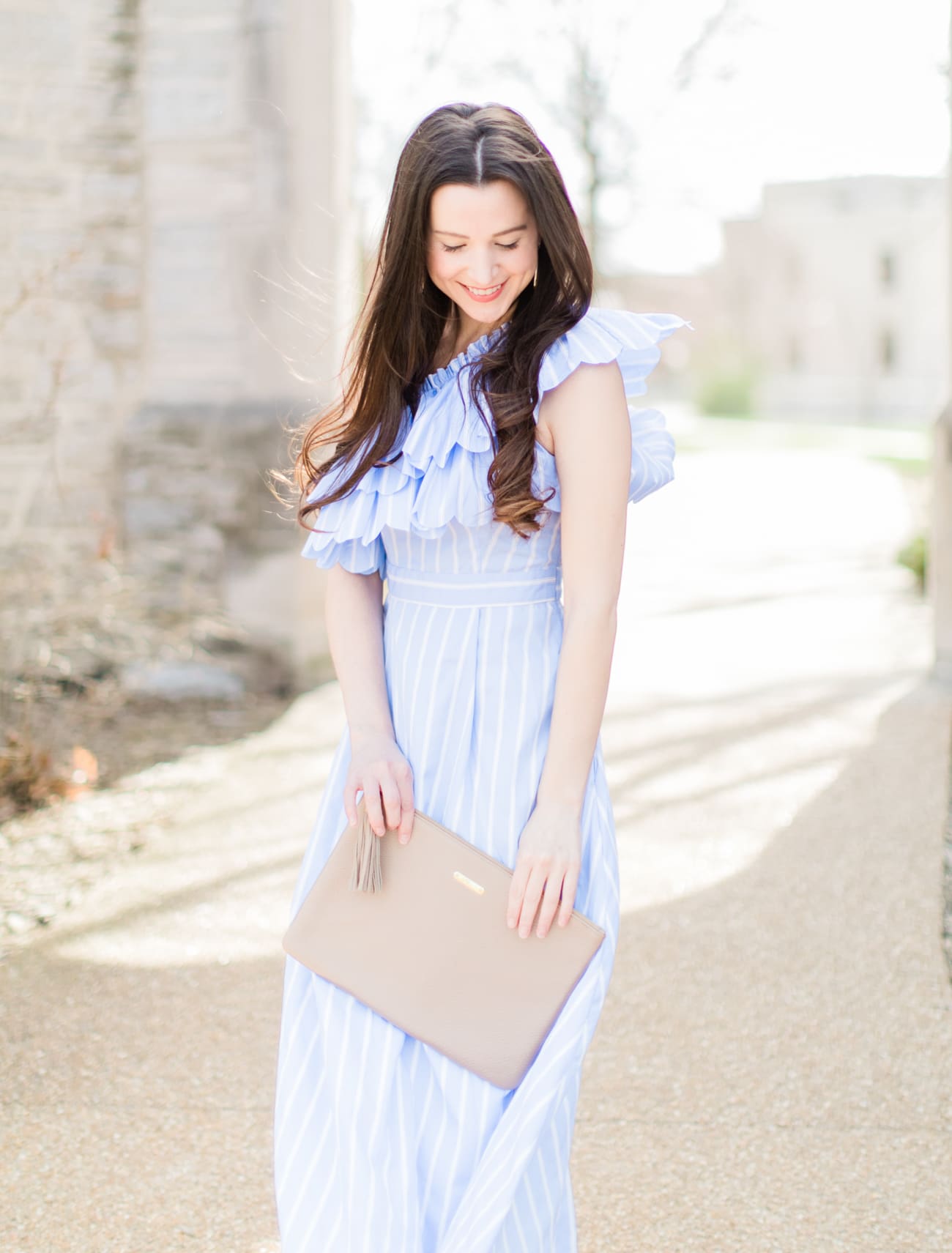 Best Dresses to Wear to a Spring Wedding by southern fashion blogger Stephanie Ziajka from Diary of a Debutante, spring wedding guest outfits, wedding guest dress ideas, dresses to wear to a spring wedding, blue striped double ruffle midi dress