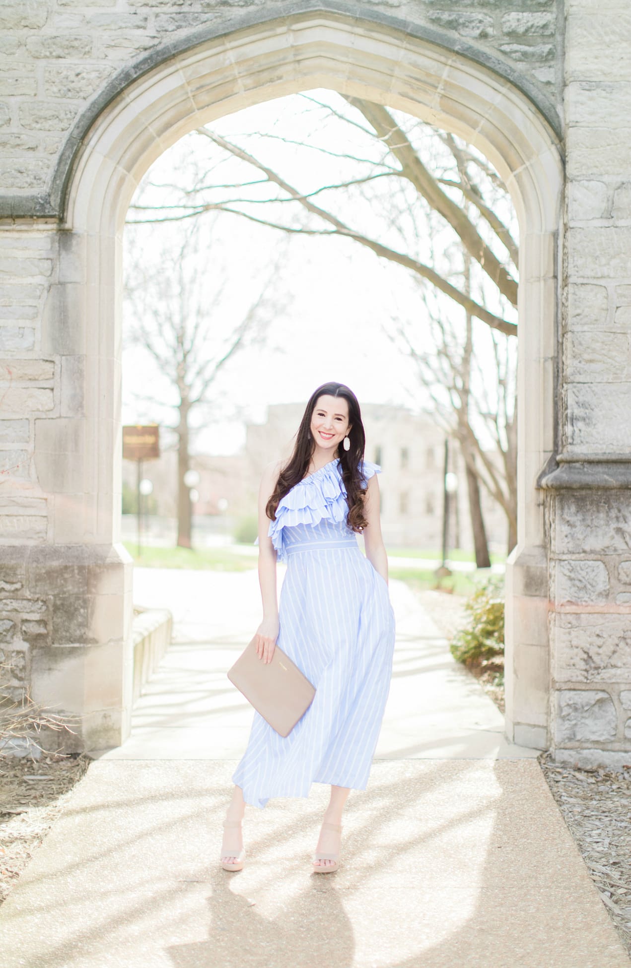 Best Dresses to Wear to a Spring Wedding by southern fashion blogger Stephanie Ziajka from Diary of a Debutante, spring wedding guest outfits, wedding guest dress ideas, dresses to wear to a spring wedding, blue striped double ruffle midi dress