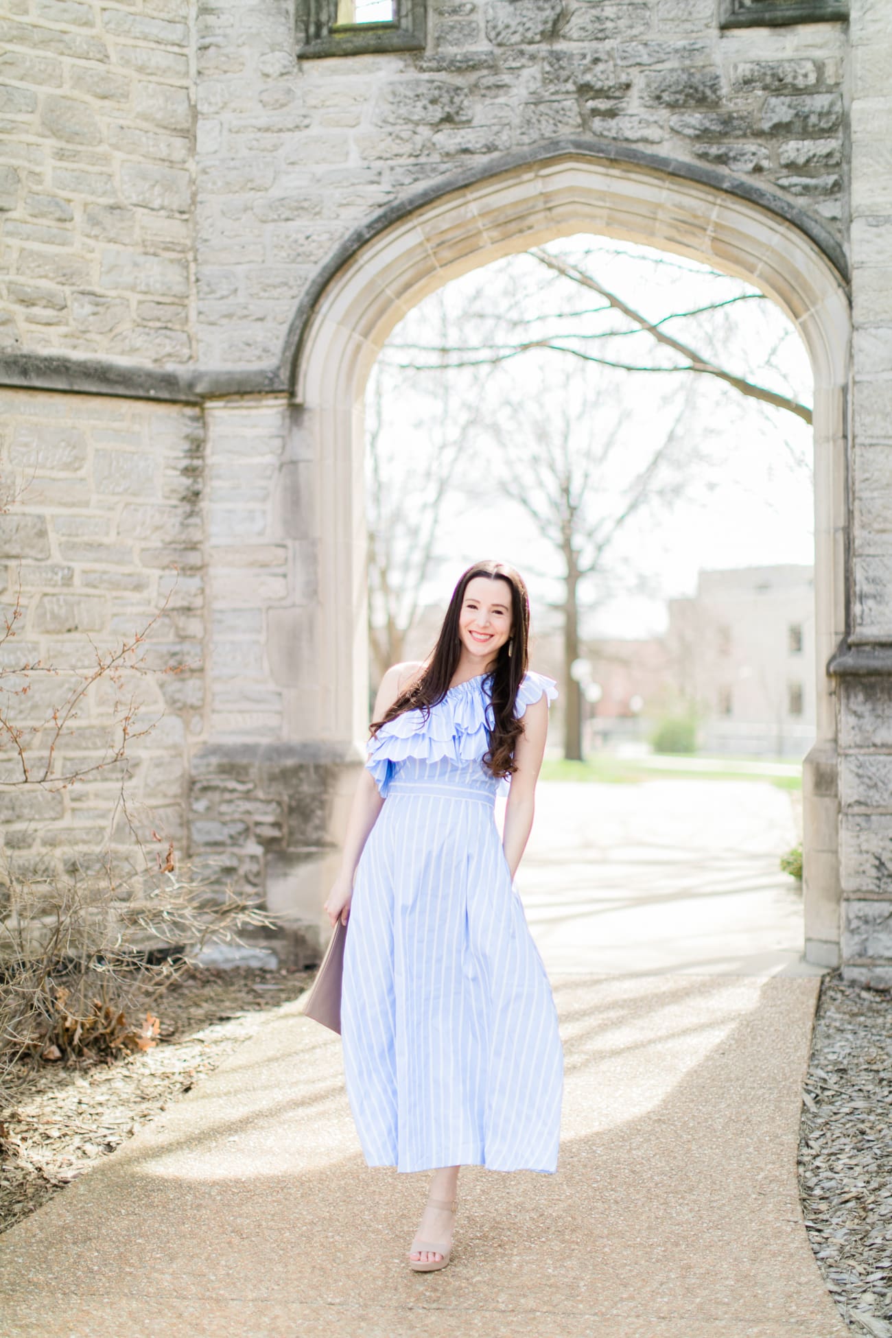 Best Dresses to Wear to a Spring Wedding by southern fashion blogger Stephanie Ziajka from Diary of a Debutante, spring wedding guest outfits, wedding guest dress ideas, dresses to wear to a spring wedding, blue striped double ruffle midi dress