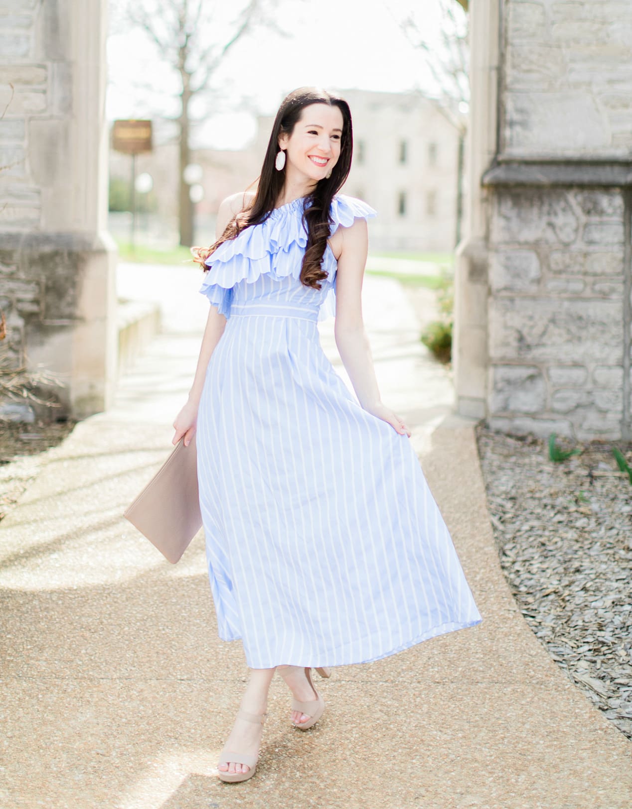 Best Dresses to Wear to a Spring Wedding by southern fashion blogger Stephanie Ziajka from Diary of a Debutante, spring wedding guest outfits, wedding guest dress ideas, dresses to wear to a spring wedding, blue striped double ruffle midi dress