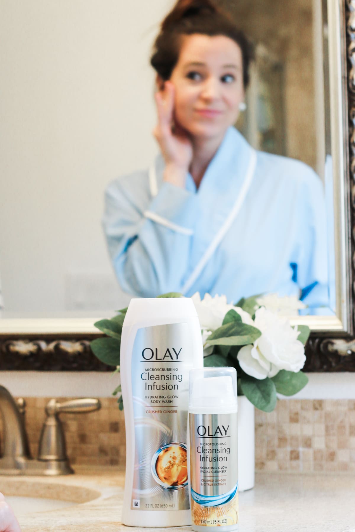 Olay Cleansing Infusions review, How to Get Glowing Spring Skin with Olay Cleansing Infusions by fashion and southern lifestyle blogger Stephanie Ziajka, Olay Micropolishing Cleansing Infusion Hydrating Glow Facial Cleanser with Crushed Ginger and Citrus Extract, Olay Microscrubbing Cleansing Infusion Hydrating Glow Body Wash with Crushed Ginger