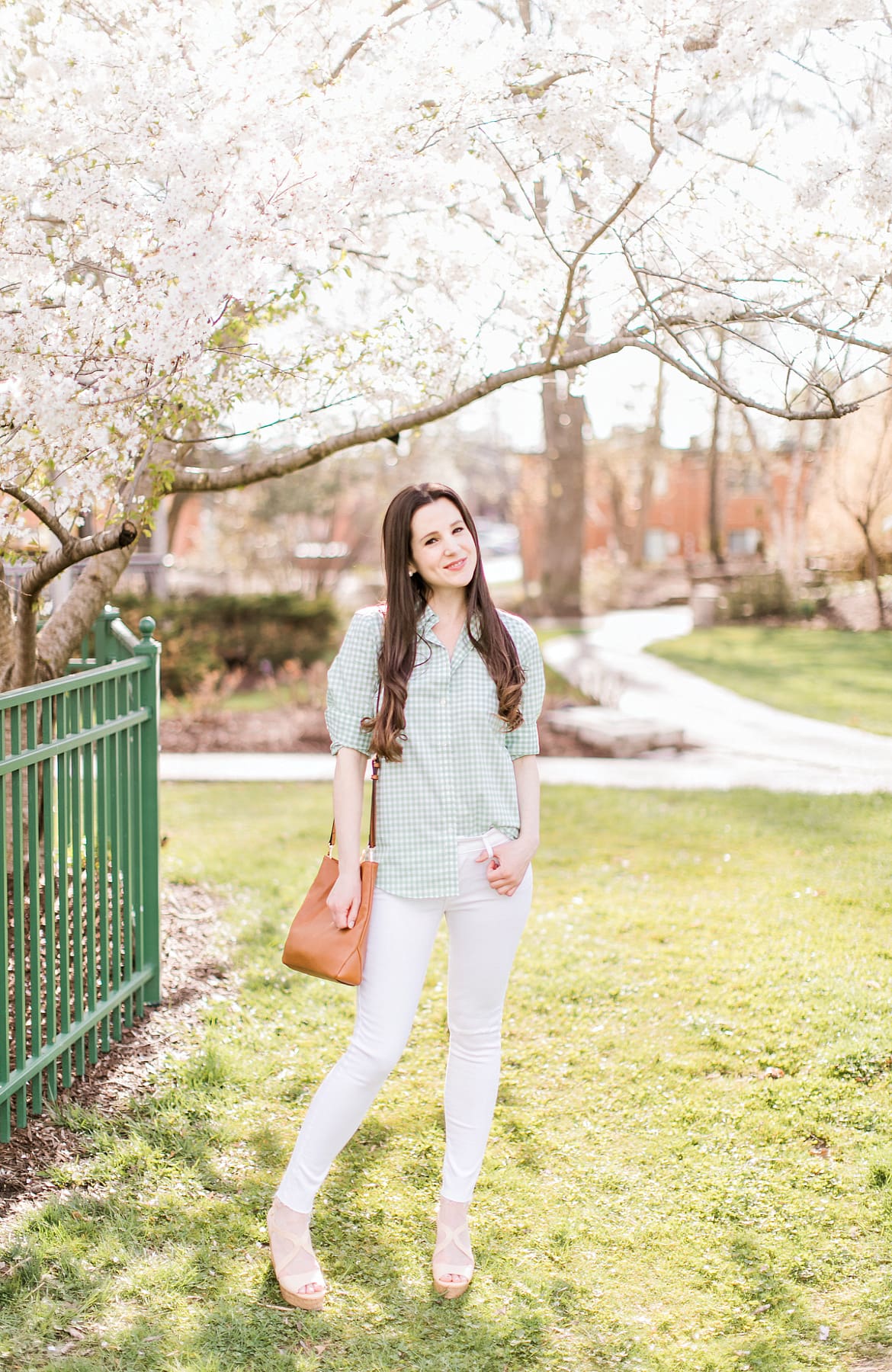 Pastel Lookbook: Spring Style Picks from Kohl's by southern fashion blogger Stephanie Ziajka from Diary of a Debutante, top kohl's picks, spring wardrobe essentials, cute spring clothes for women, cute spring outfits, cute spring outfits for women, Chaps No-Iron Green Gingham Shirt, Levi's 711 White Ankle Skinny Jeans, LC Lauren Conrad Ring Convertible Crossbody Bag 