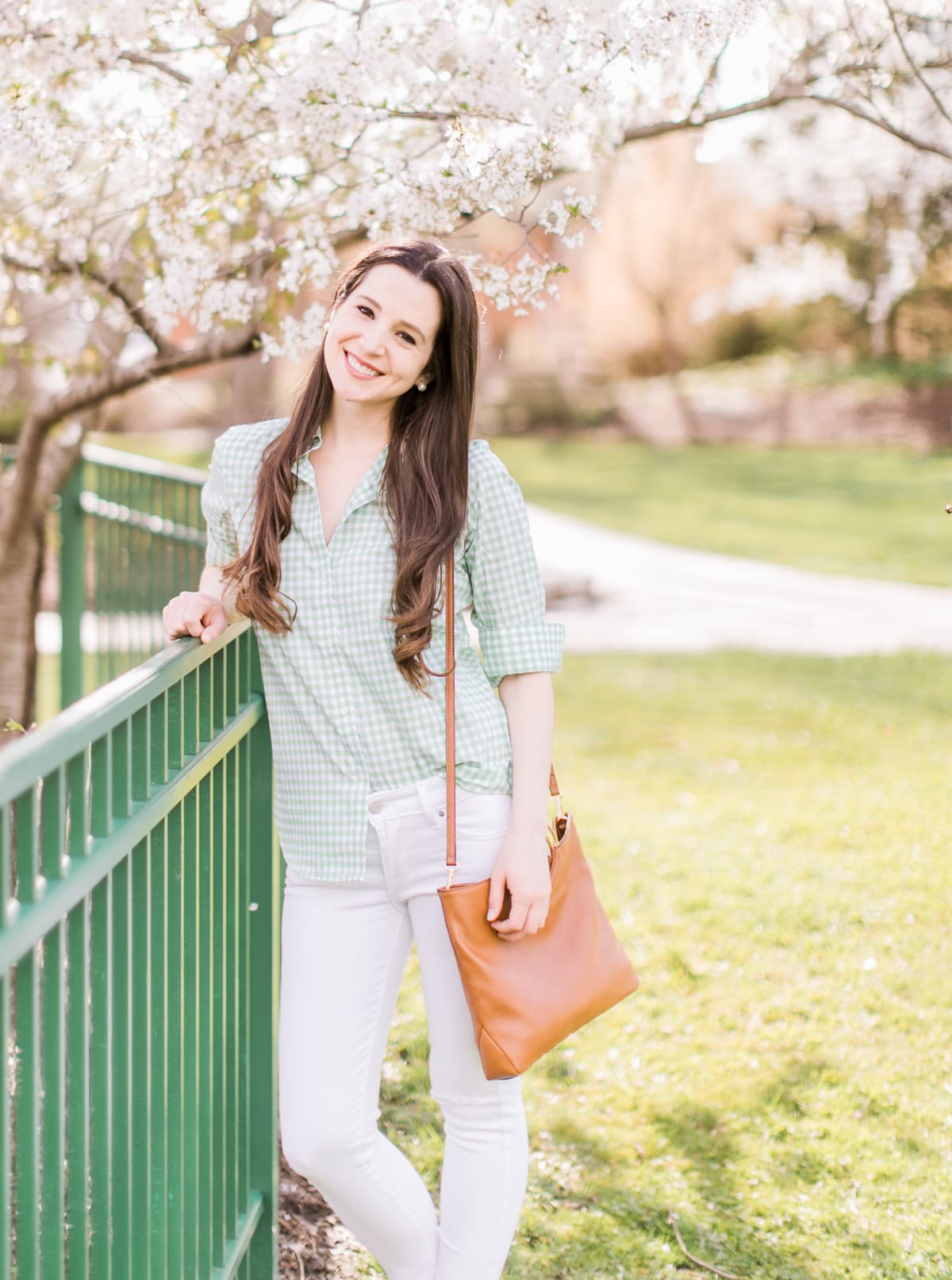Pastel Lookbook: Spring Style Picks from Kohl's by southern fashion blogger Stephanie Ziajka from Diary of a Debutante, top kohl's picks, spring wardrobe essentials, cute spring clothes for women, cute spring outfits, cute spring outfits for women, Chaps No-Iron Green Gingham Shirt, Levi's 711 White Ankle Skinny Jeans, LC Lauren Conrad Ring Convertible Crossbody Bag 