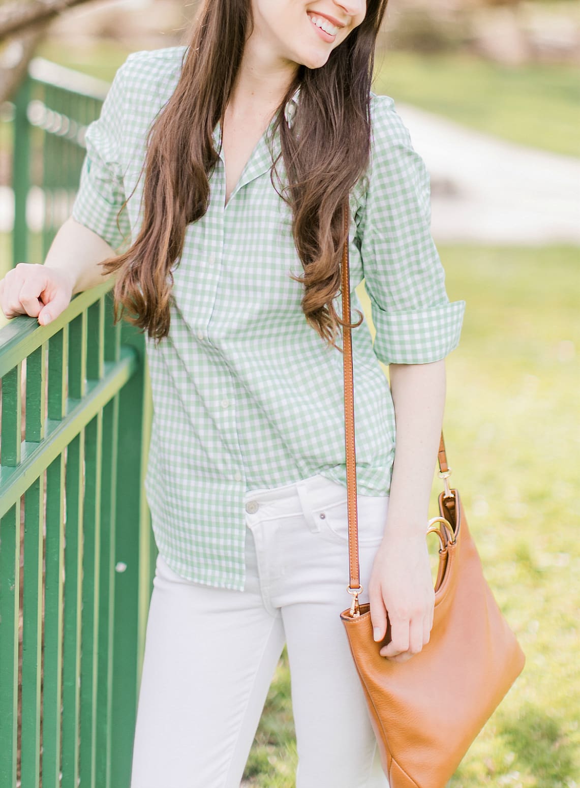 Pastel Lookbook: Spring Style Picks from Kohl's by southern fashion blogger Stephanie Ziajka from Diary of a Debutante, top kohl's picks, spring wardrobe essentials, cute spring clothes for women, cute spring outfits, cute spring outfits for women, Chaps No-Iron Green Gingham Shirt, Levi's 711 White Ankle Skinny Jeans, LC Lauren Conrad Ring Convertible Crossbody Bag 