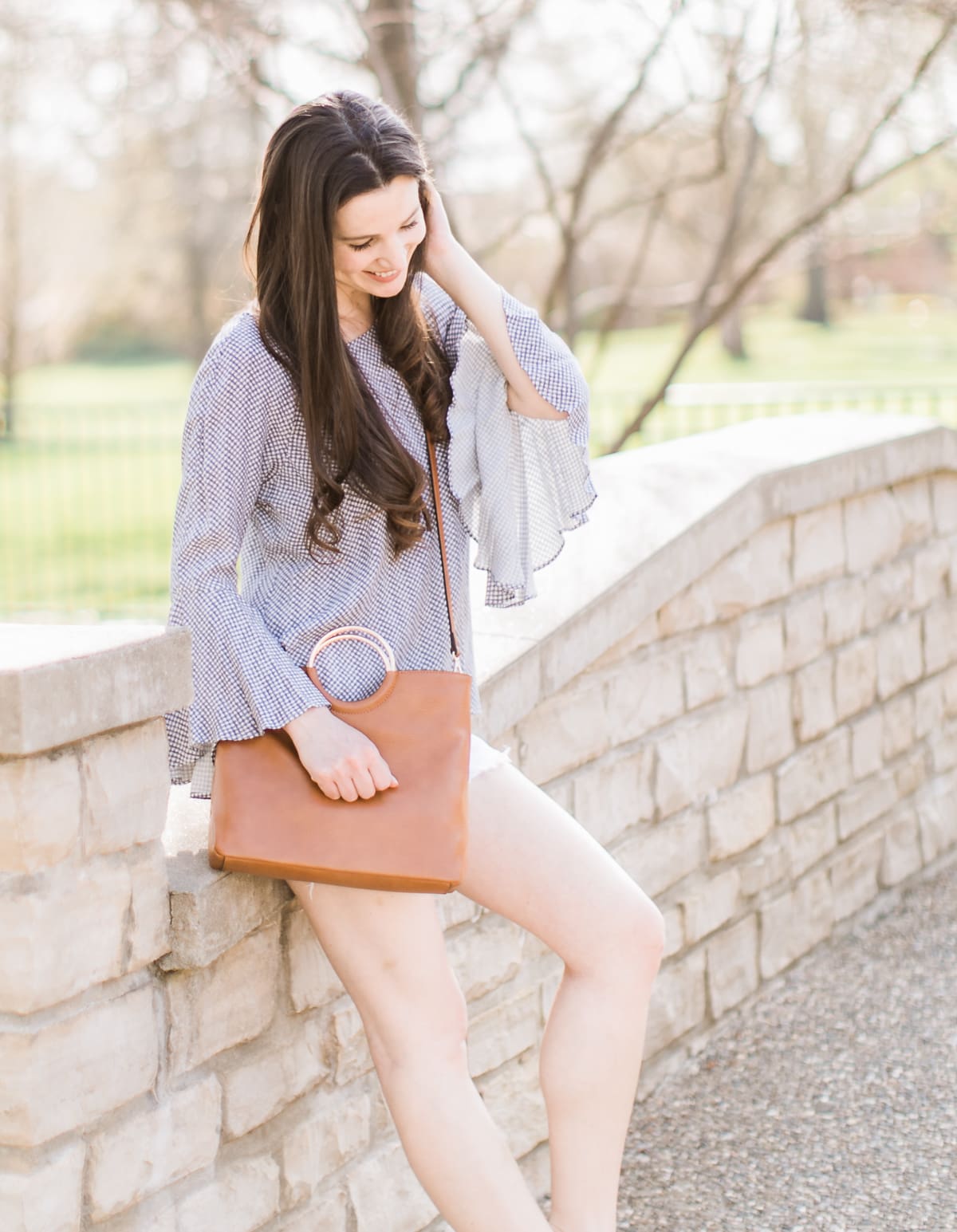 Pastel Lookbook: Spring Style Picks from Kohl's by southern fashion blogger Stephanie Ziajka from Diary of a Debutante, top kohl's picks, spring wardrobe essentials, cute spring clothes for women, cute spring outfits, cute spring outfits for women, LC Lauren Conrad Bell Sleeve Top in Gingham Liz Lavender, Levi's High Waist Jean Shorts, LC Lauren Conrad Ring Convertible Crossbody Bag, Madden NYC Ellsaa Wedges