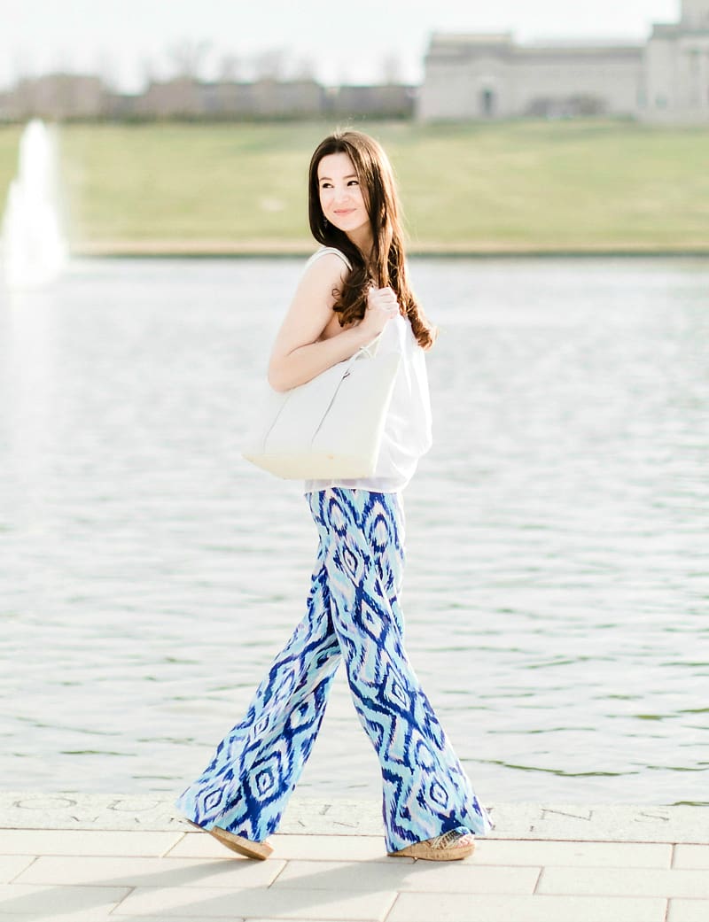 Women's Palazzo Pants Online, Lilly Pulitzer Top Picks, Where to Find Cute Women's Palazzo Pants Online by southern fashion blogger Stephanie Ziajka from Diary of a Debutante, Lilly Pulitzer Lolani Silk Palazzo Pants, Vera Bradley White Peony Mallory Tote, White V-Neck Chiffon Tank Top, MoMo Cork Woven Wedges