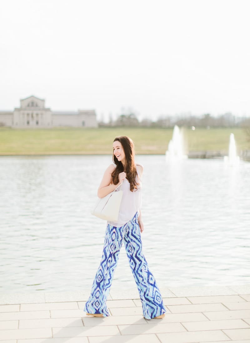 Women's Palazzo Pants Online, Lilly Pulitzer Top Picks, Where to Find Cute Women's Palazzo Pants Online by southern fashion blogger Stephanie Ziajka from Diary of a Debutante, Lilly Pulitzer Lolani Silk Palazzo Pants, Vera Bradley White Peony Mallory Tote, White V-Neck Chiffon Tank Top, MoMo Cork Woven Wedges