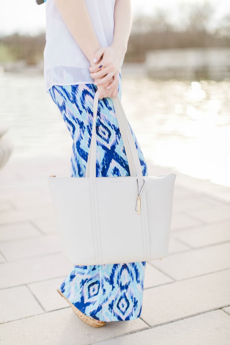 Women's Palazzo Pants Online, Lilly Pulitzer Top Picks, Where to Find Cute Women's Palazzo Pants Online by southern fashion blogger Stephanie Ziajka from Diary of a Debutante, Lilly Pulitzer Lolani Silk Palazzo Pants, Vera Bradley White Peony Mallory Tote, White V-Neck Chiffon Tank Top, MoMo Cork Woven Wedges