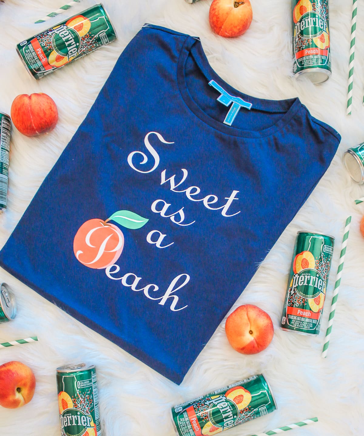 Draper James Sweet as a Peach shirt, Skinny peach mint cocktail made with Peach Perrier and organic blue agave by southern blogger Stephanie Ziajka from Diary of a Debutante, skinny peach mojito recipe, summer cocktail with flavored carbonated water, Perrier flavors