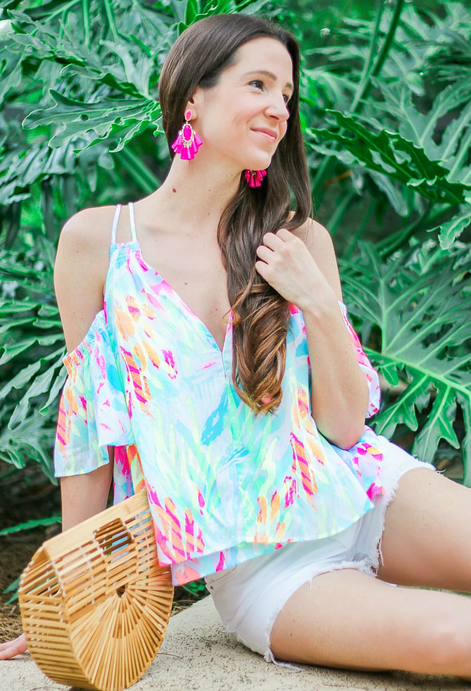 Summer Snacking: Where to Find the Best Mochi (And All the Best Mochi Flavors) by blogger Stephanie Ziajka from Diary of a Debutante, Lilly Pulitzer cold shoulder top with Cult Gaia dupe bag, Levi's 501 jean shorts, and Kendra Scott tassel earrings