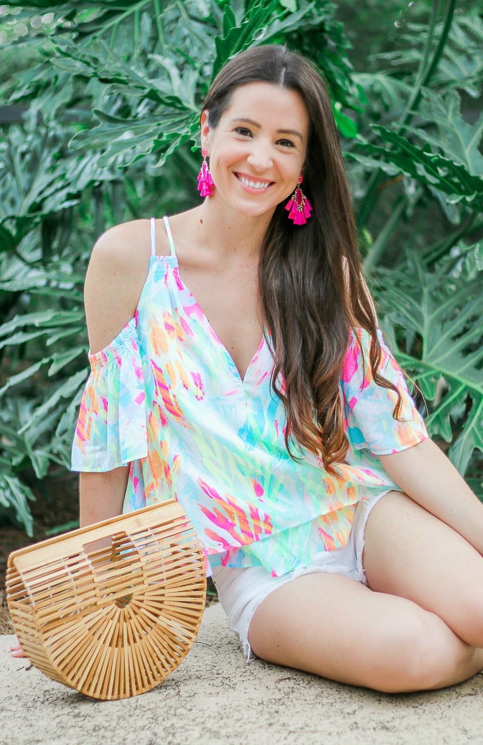Summer Snacking: Where to Find the Best Mochi (And All the Best Mochi Flavors) by blogger Stephanie Ziajka from Diary of a Debutante, Lilly Pulitzer cold shoulder top with Cult Gaia dupe bag, Levi's 501 jean shorts, and Kendra Scott tassel earrings