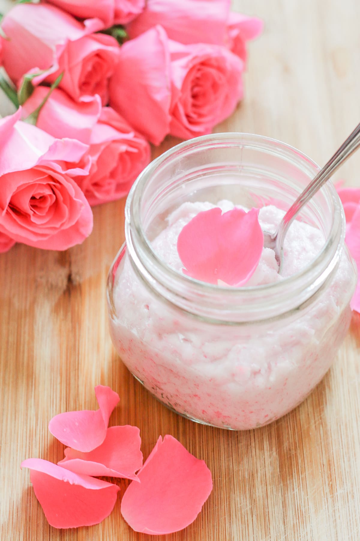 DIY rose sugar scrub recipe made with white sugar, coconut oil, rose essential oil, and fresh rose petals by southern blogger Stephanie Ziajka from Diary of a Debutante, DIY sugar scrub recipe, diy sugar body scrub, diy sugar scrub gift, best diy sugar scrub