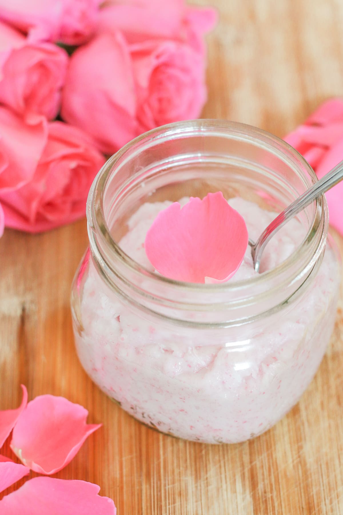 DIY rose sugar scrub recipe made with white sugar, coconut oil, rose essential oil, and fresh rose petals by southern blogger Stephanie Ziajka from Diary of a Debutante, DIY sugar scrub recipe, diy sugar body scrub, diy sugar scrub gift, best diy sugar scrub