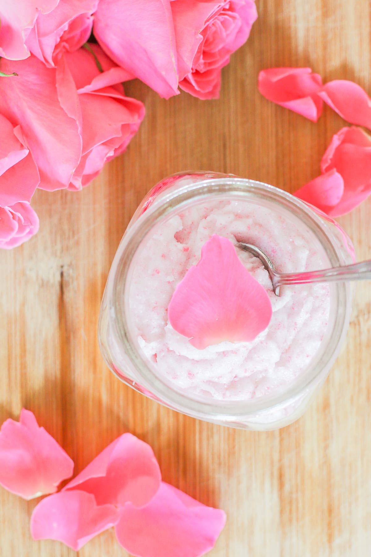 DIY rose sugar scrub recipe made with white sugar, coconut oil, rose essential oil, and fresh rose petals by southern blogger Stephanie Ziajka from Diary of a Debutante, DIY sugar scrub recipe, diy sugar body scrub, diy sugar scrub gift, best diy sugar scrub