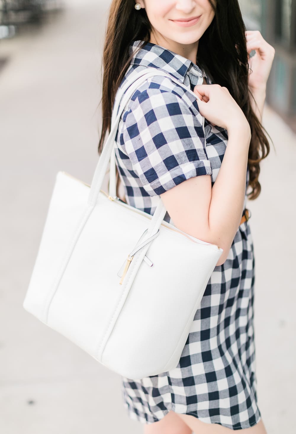 How to wear a plaid shirtdress in the summer by southern fashion blogger Stephanie Ziajka from Diary of a Debutante, how to wear plaid shirtdress, plaid shirt dress outfit, style plaid, BB Dakota Cicely Shirtdress styled with white Jack Rogers sandals, a white Vera Bradley Mallory tote, skinny braided leather belt, and large pearl stud earrings