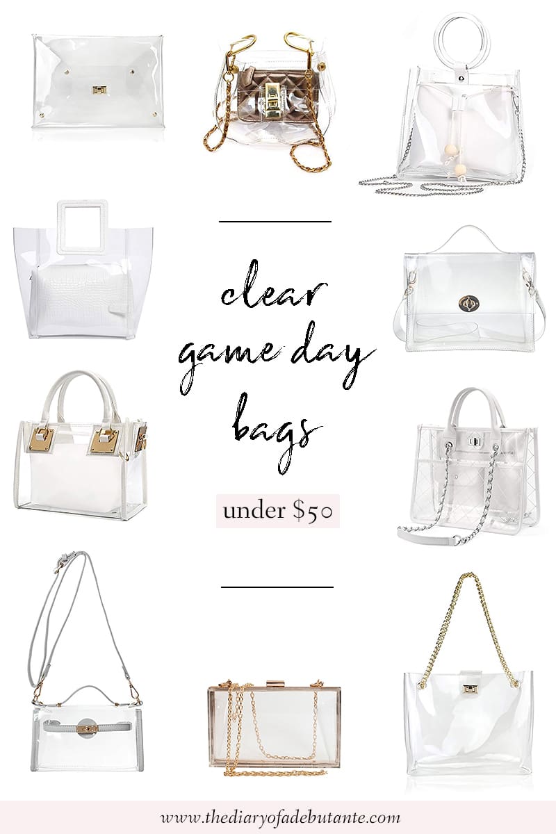 Clear bags for football games under 50, clear plastic tote bags under 50, cute clear purses under 50, 12 Cute Stadium-Approved Bags for Game Day by southern lifestyle blogger Stephanie Ziajka from Diary of a Debutante