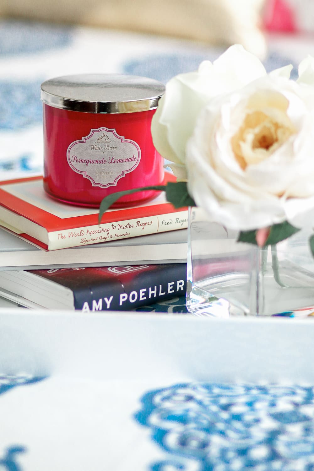 The Barn Pomegranate Lemonade candle, How to Make a Rental Feel Like Home: 5 Easy Decorating Tips for Renters from southern lifestyle blogger Stephanie Ziajka from Diary of a Debutante, blue and white bedroom ideas, CORT Furniture Rental review, decorating hacks for renters