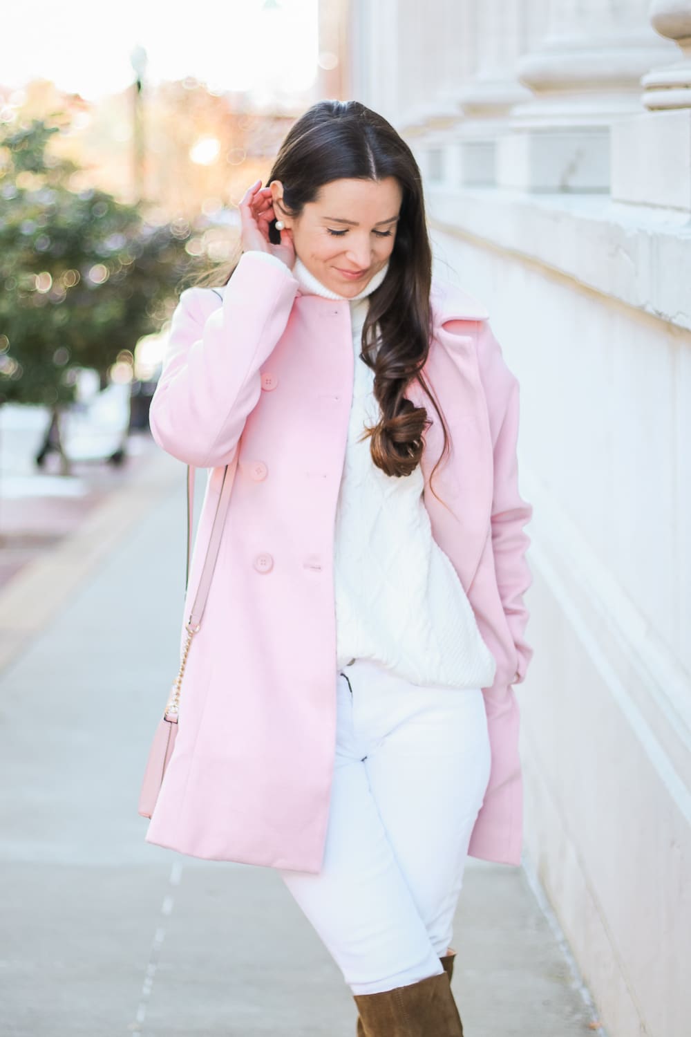 How to Wear a Light Pink Winter Coat by affordable fashion blogger Stephanie Ziajka from Diary of a Debutante, Allegra K Women's Peter Pan Collar Double Breasted Winter Coat, cute winter coats under 100, cute winter coats on amazon, winter whites with pops of pink