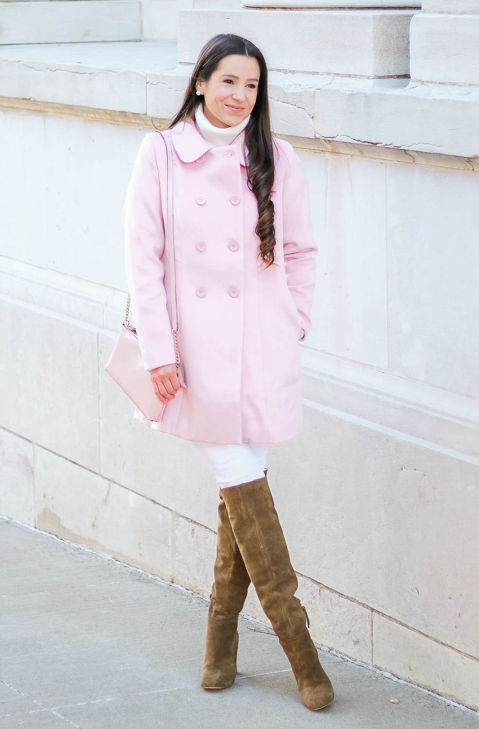 How to Wear a Light Pink Winter Coat by affordable fashion blogger Stephanie Ziajka from Diary of a Debutante, Allegra K Women's Peter Pan Collar Double Breasted Winter Coat, cute winter coats under 100, cute winter coats on amazon, winter whites with pops of pink